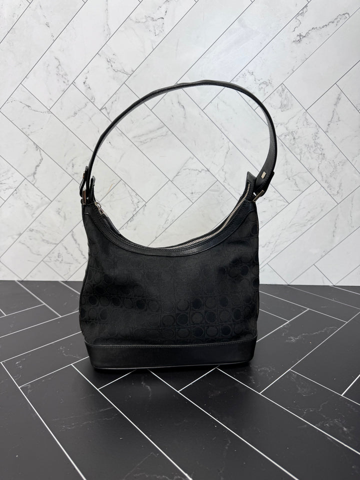 Ferragamo Black Canvas & Leather Hobo Shoulder Bag