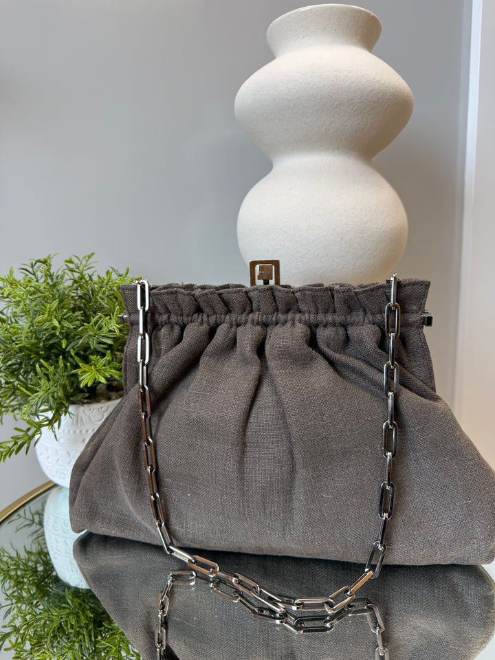 Gucci Vintage Grey Canvas Ruffle Clutch Shoulder Bag