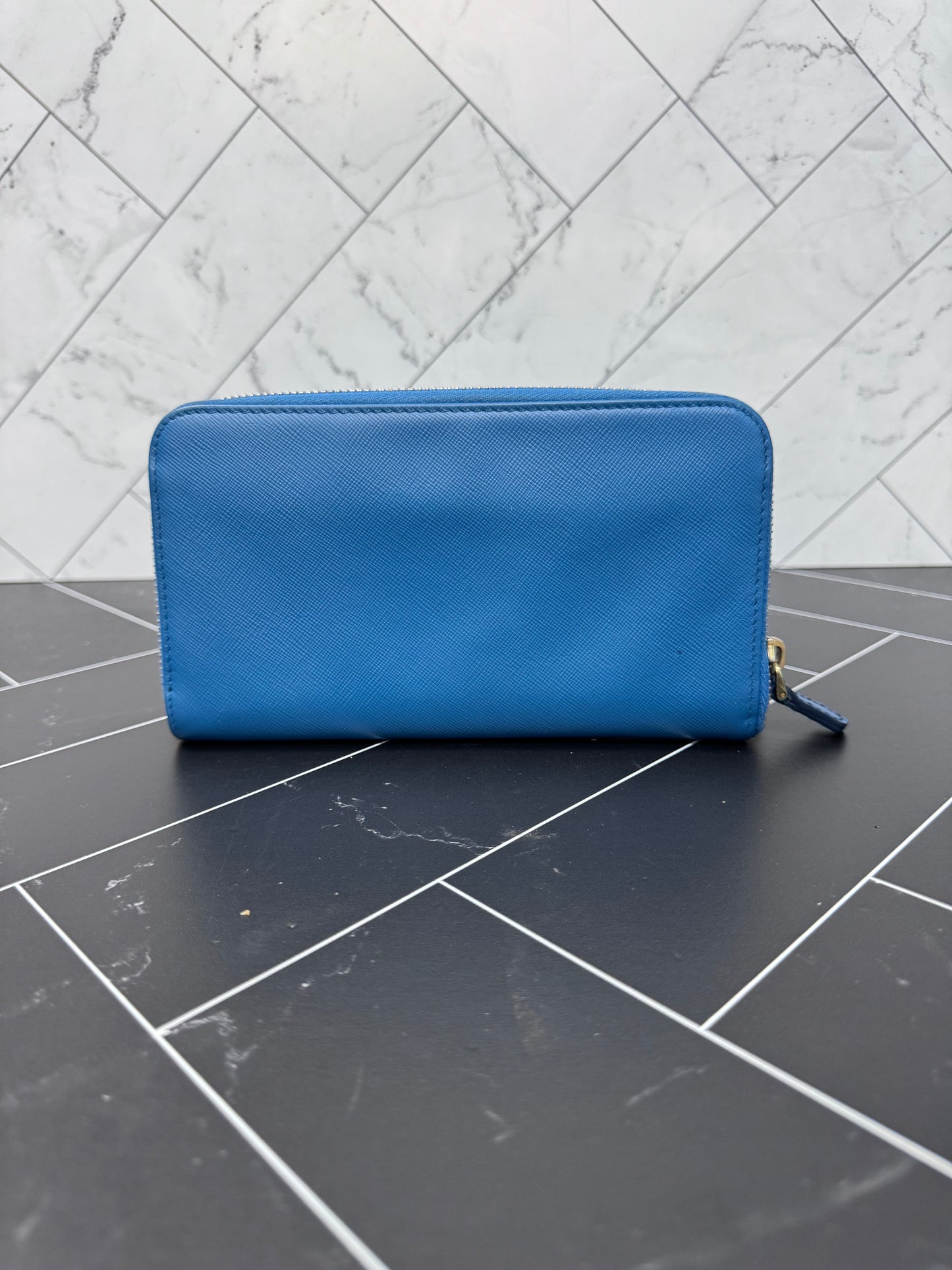 Prada Blue Saffiano Leather Zippy Wallet