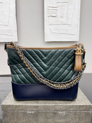 Chanel Green And Blue Chevron Quilted Aged Calfskin Leather Gabrielle Medium Hobo Bag