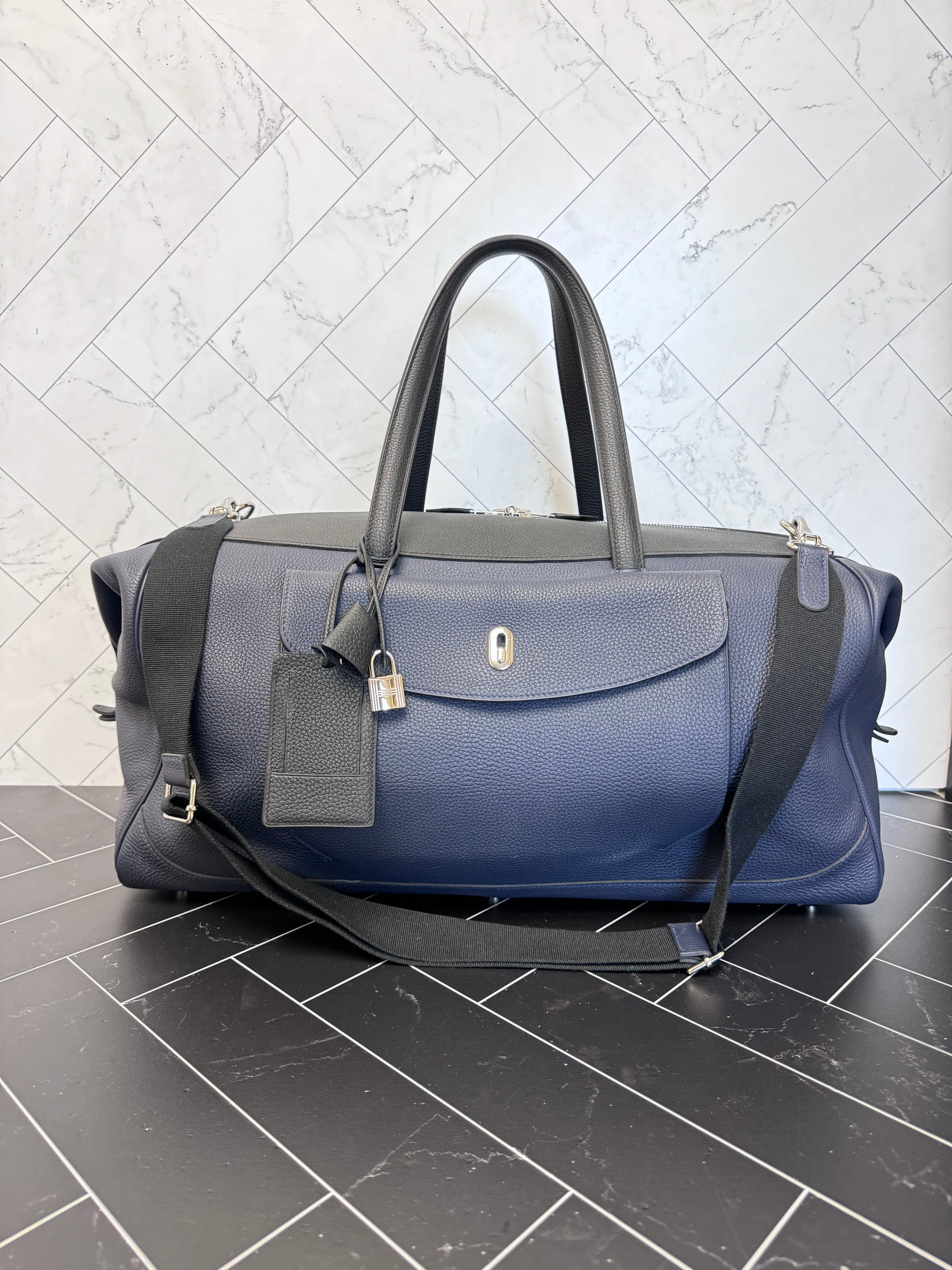 Hermes Navy Blue Togo Wallace Cabine Duffle Bag