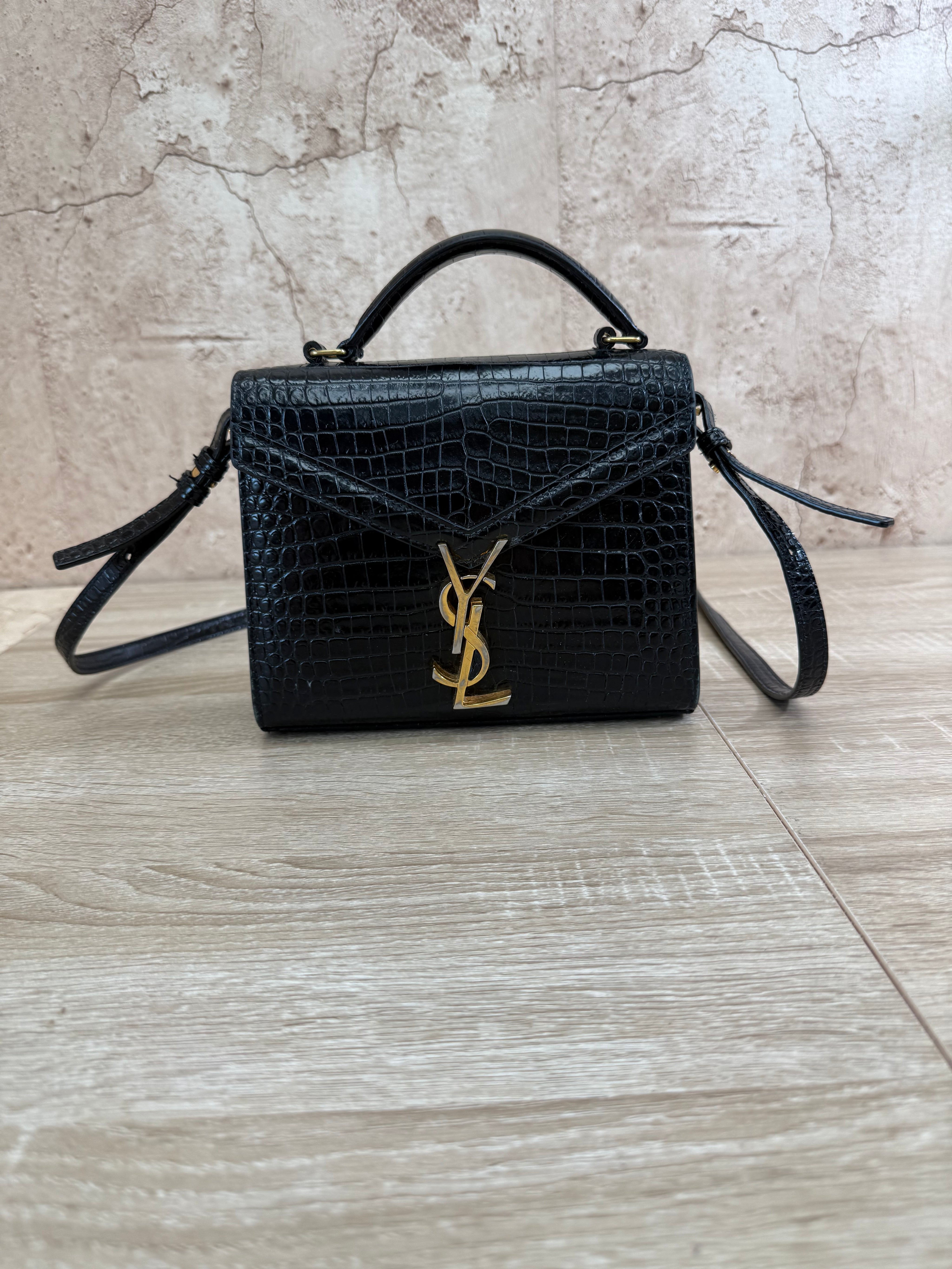 Saint Laurent YSL Black Crocodile Embossed Leather Cassandra Mini Top Handle Bag
