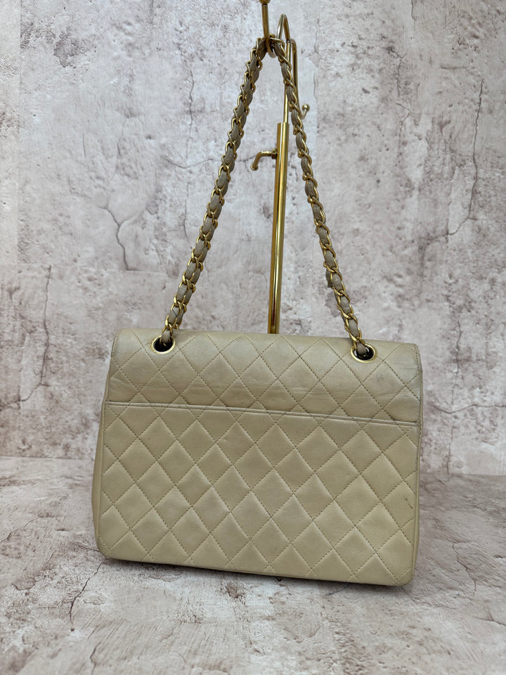 Chanel Beige Calfskin Leather Medium Square Single Flap