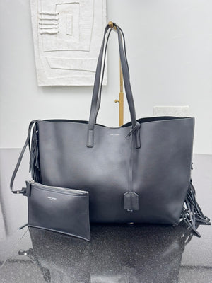 Saint Laurent YSL Black Leather Fringe Tote Bag