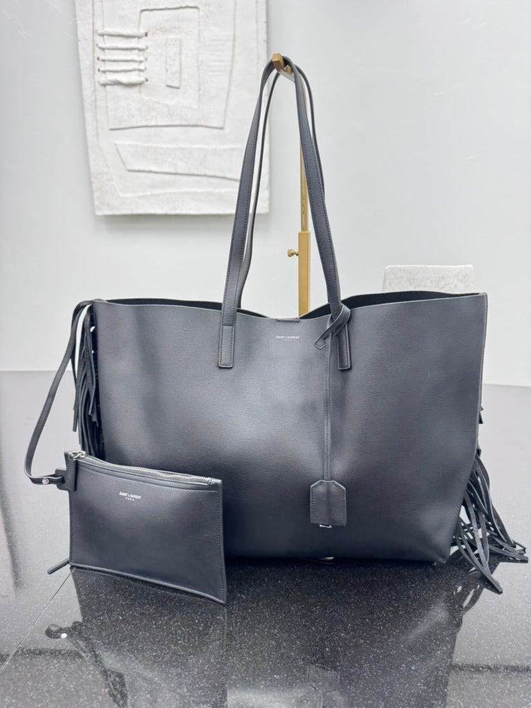Saint Laurent YSL Black Leather Fringe Tote Bag