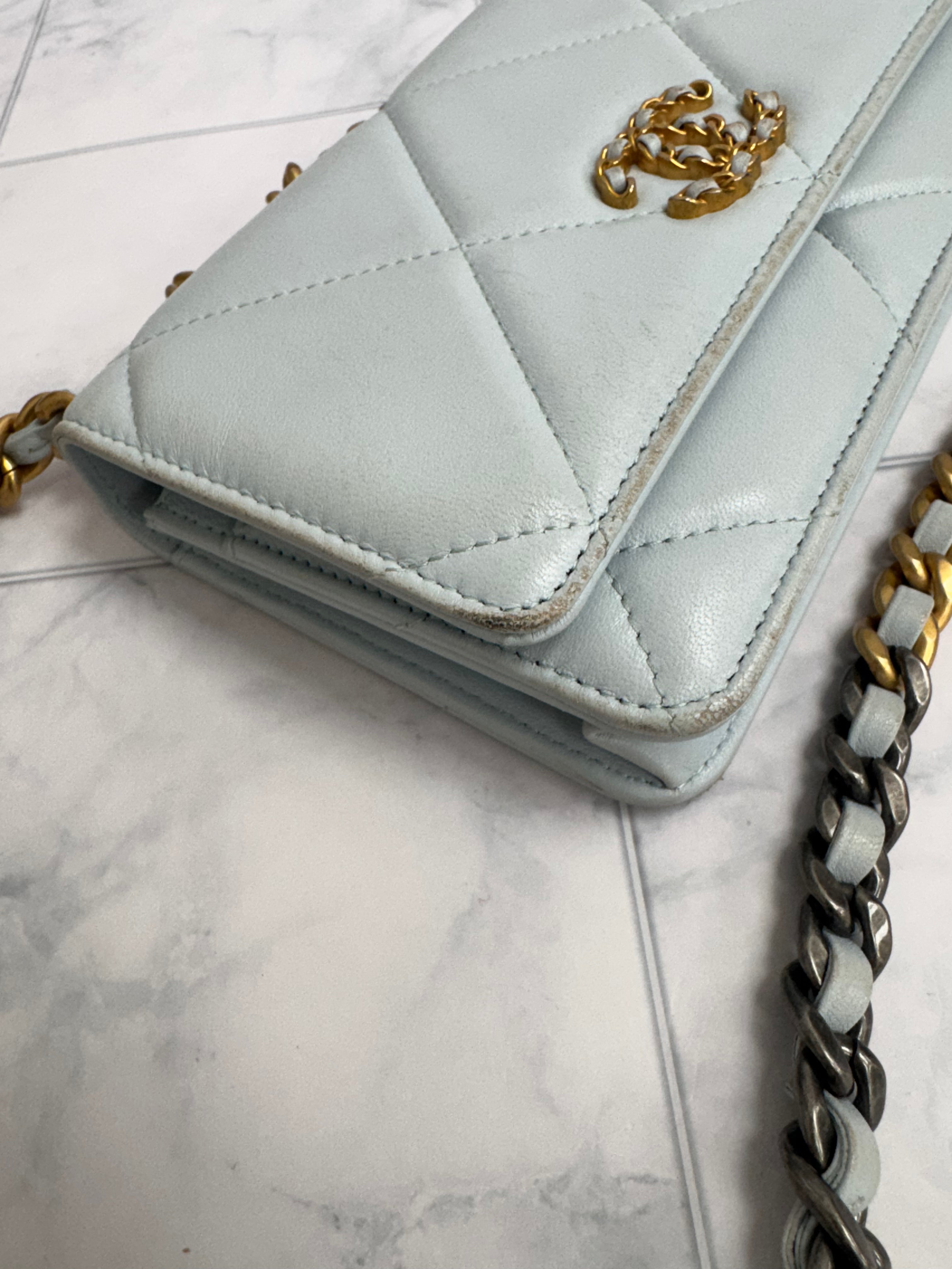 *DONS PRE DROP* Chanel Light Blue Lambskin Quilted Leather Chanel 19 Wallet On A Chain