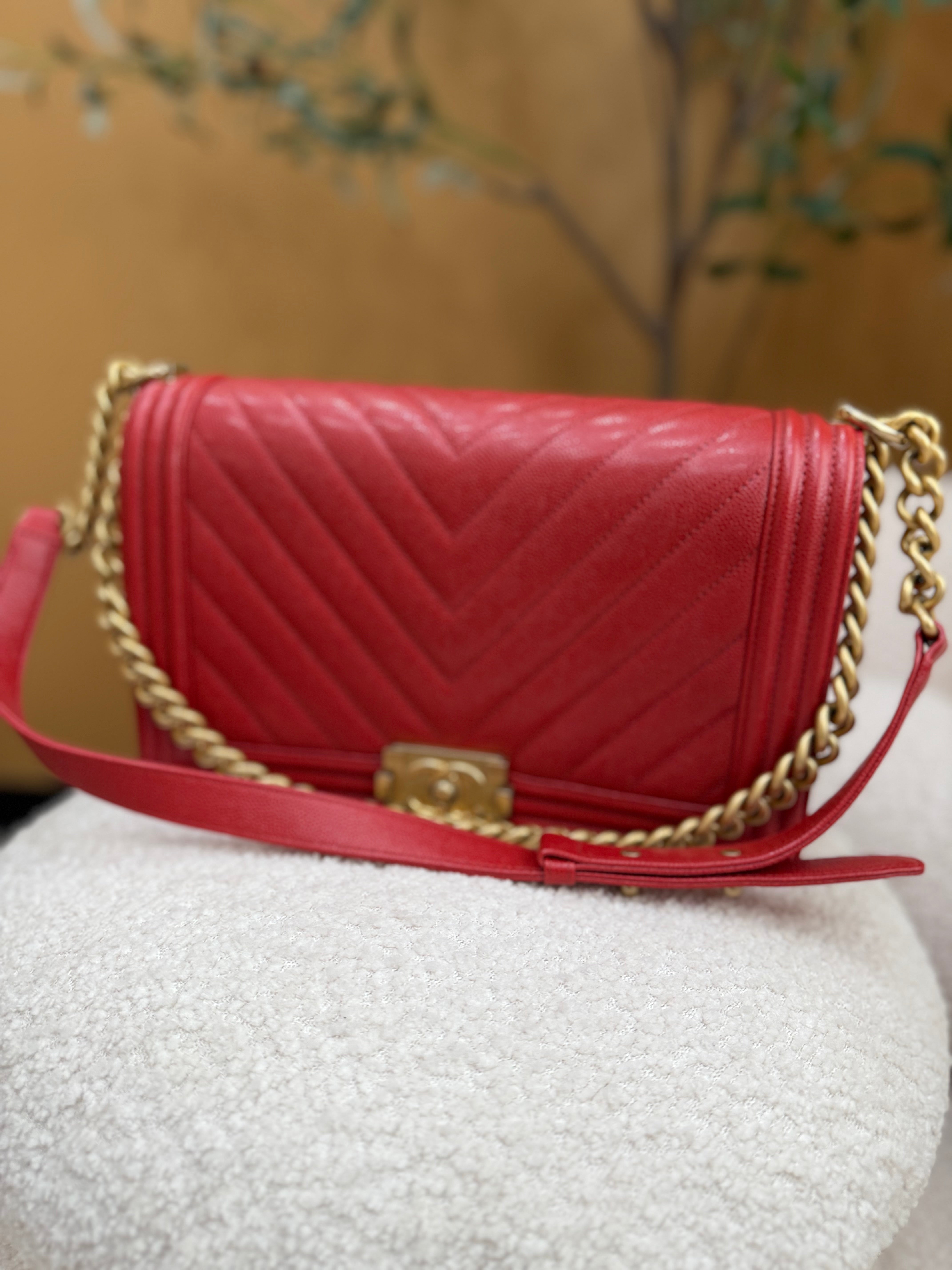 Chanel Red Chevron Quilted Calfskin Medium Boy Bag