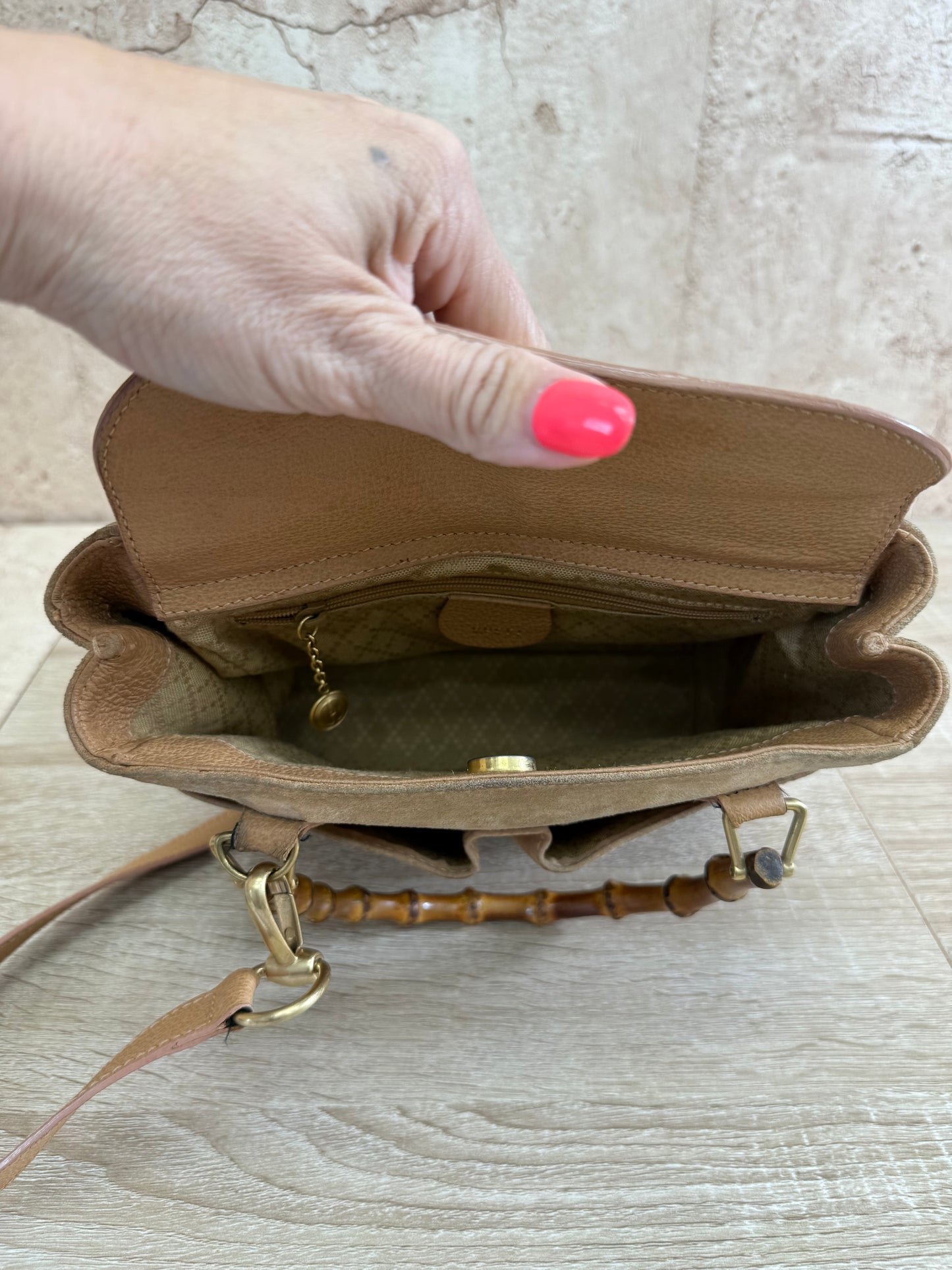 Gucci Tan Suede Bamboo Handle 2Way Bag