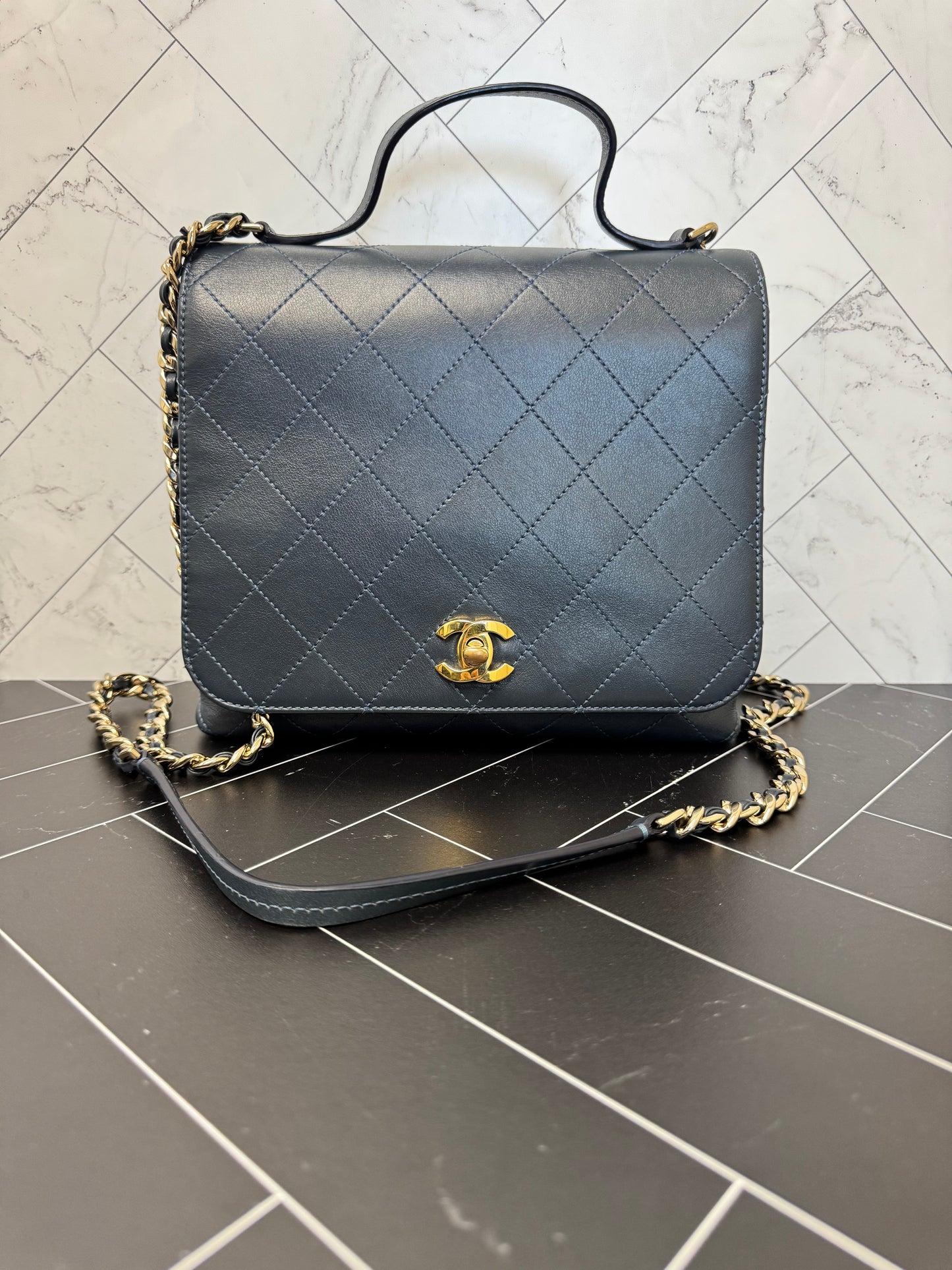 Chanel Navy Blue Stitched Calfskin Medium CC Double Pocket Top Handle Bag