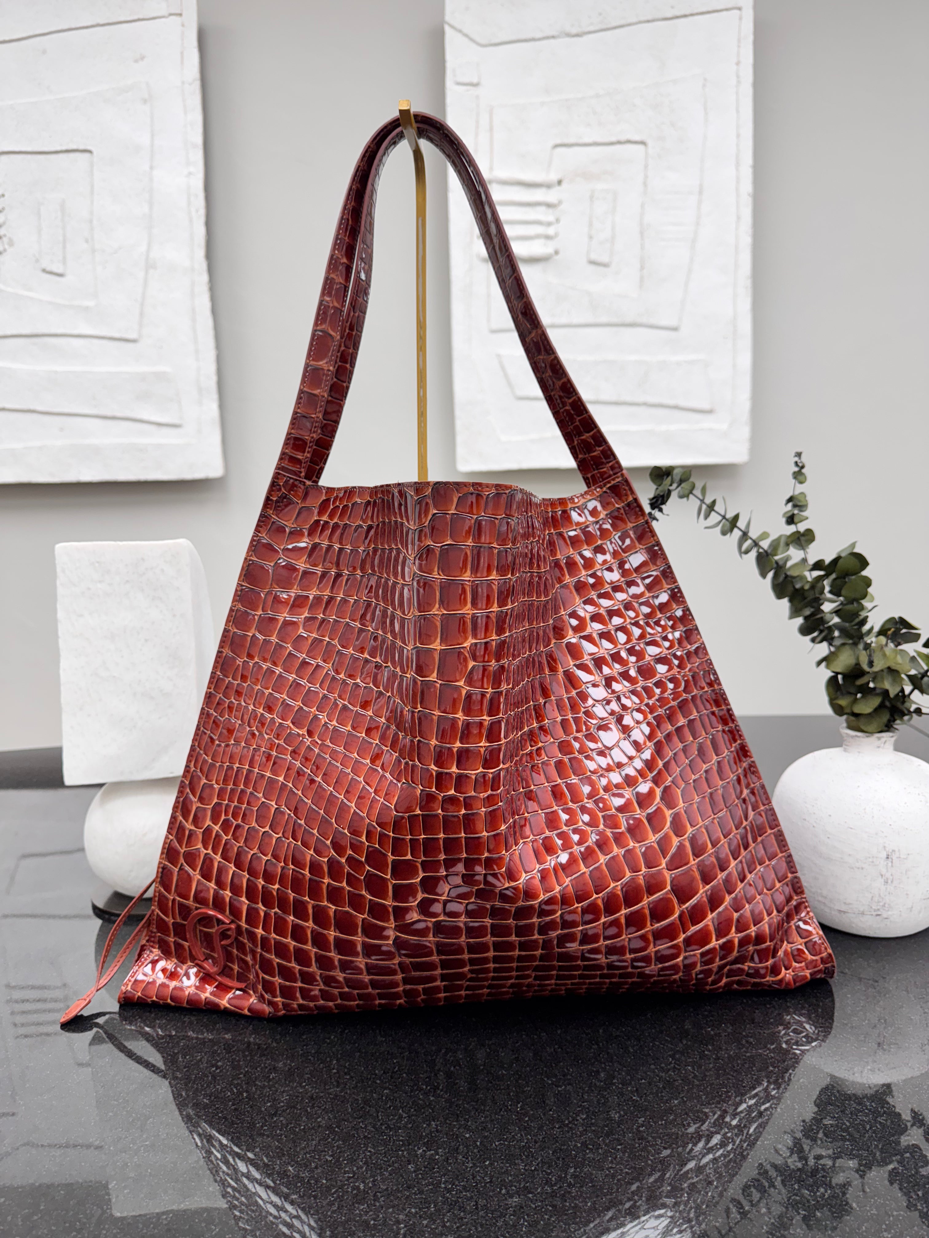 LIKE NEW - Christian Louboutin Brown Croc Embossed Le 54 Drawstring Tote Bag