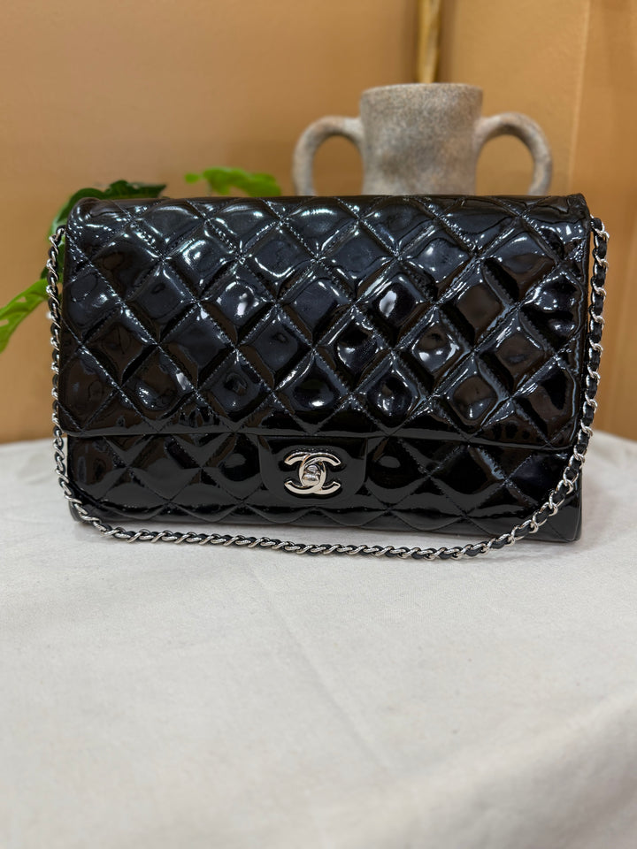 Chanel Black Quilted Patent Leather Medium Timeless Clutch Chain Shoulder Bag