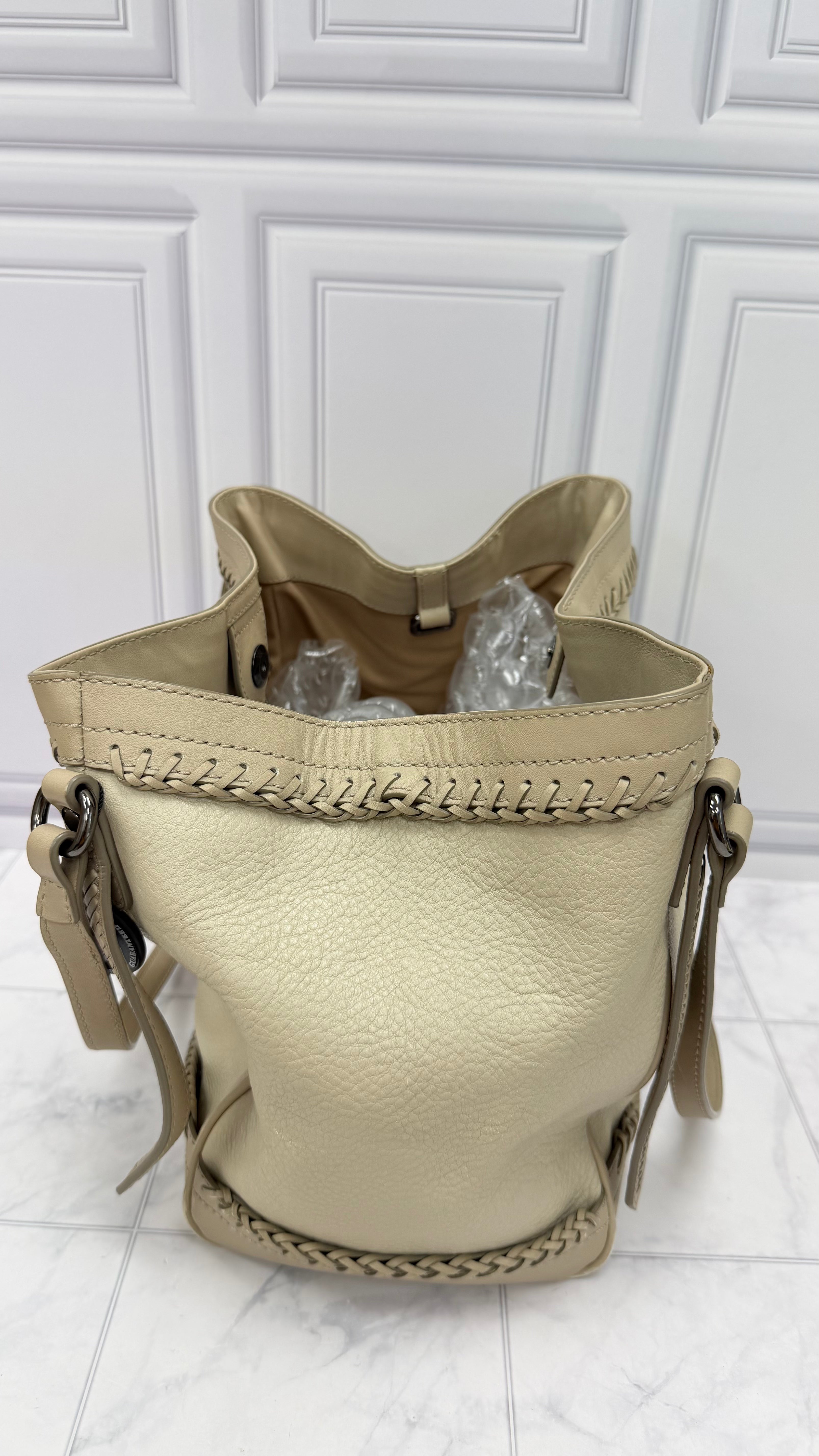 Burberry Beige Leather Woven Trim Tote Bag