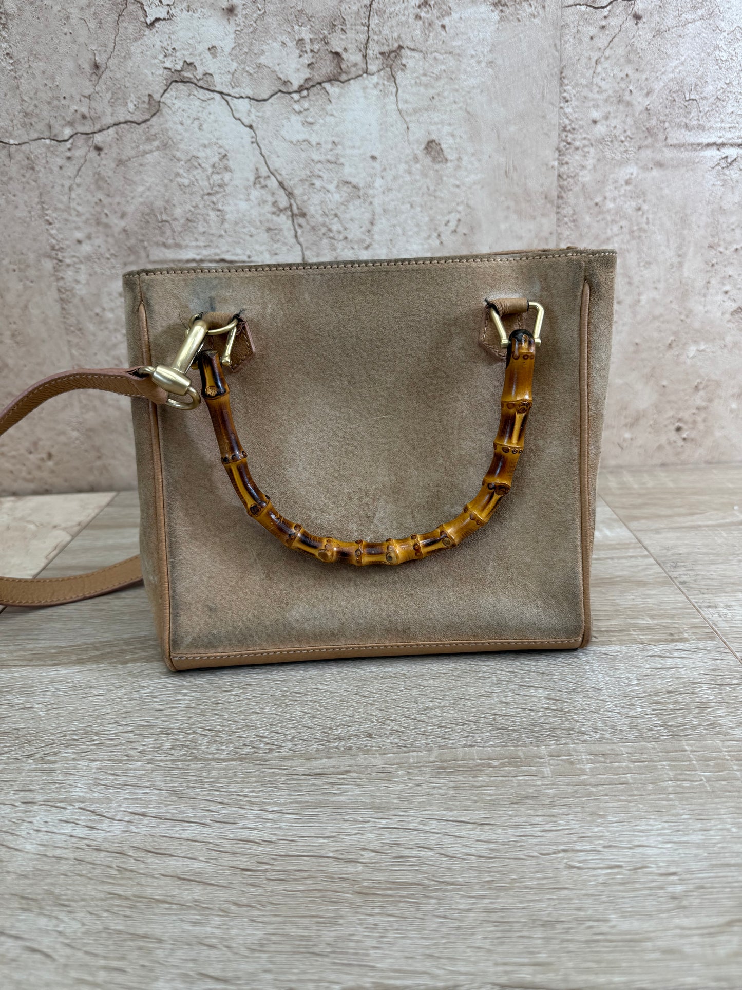 Gucci Tan Suede Bamboo Handle 2Way Bag