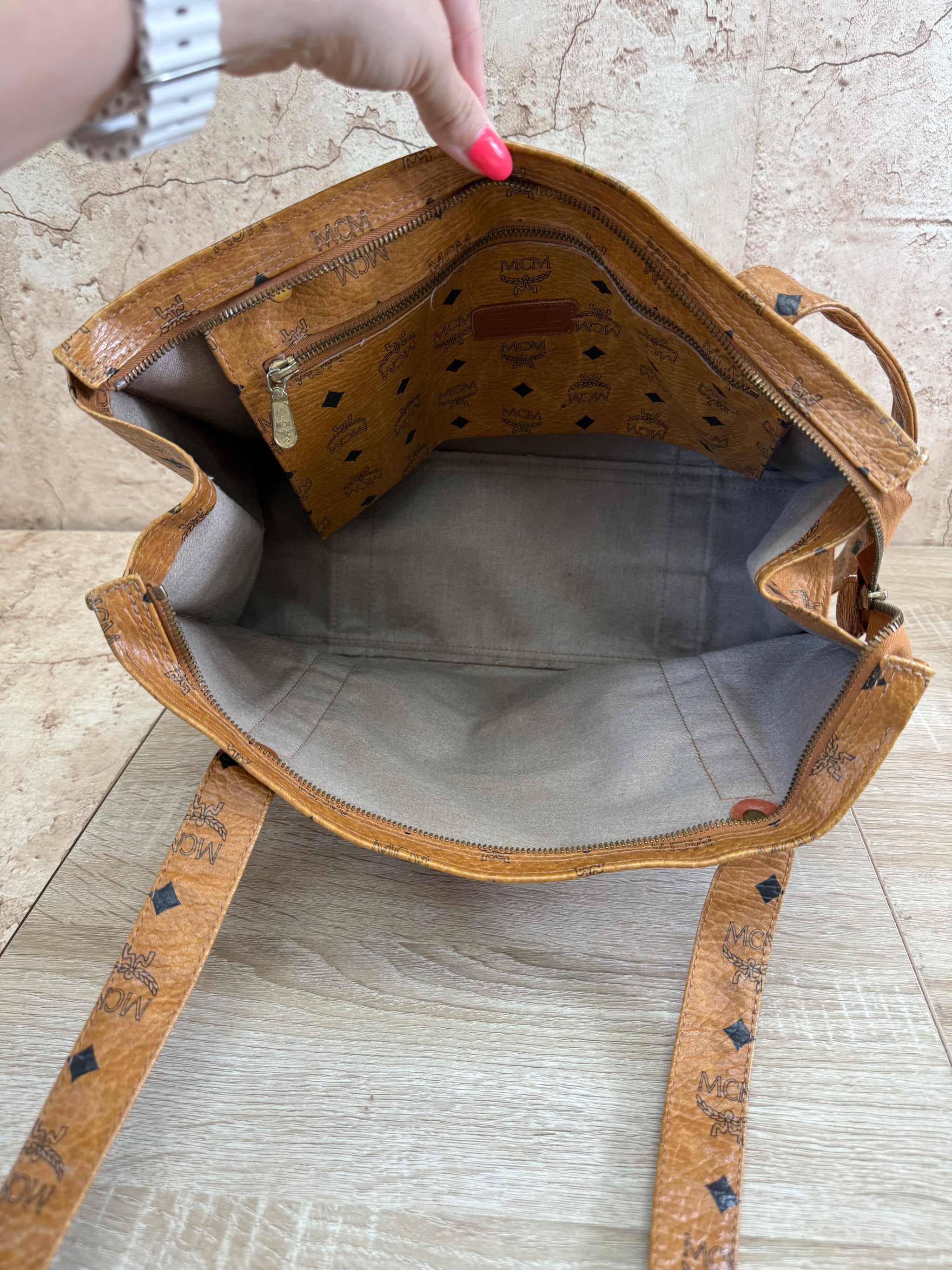 MCM Cognac Leather Visetos Shopper Tote