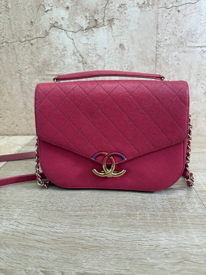 Chanel Pink Quilted Caviar Thread Around Flap Bag