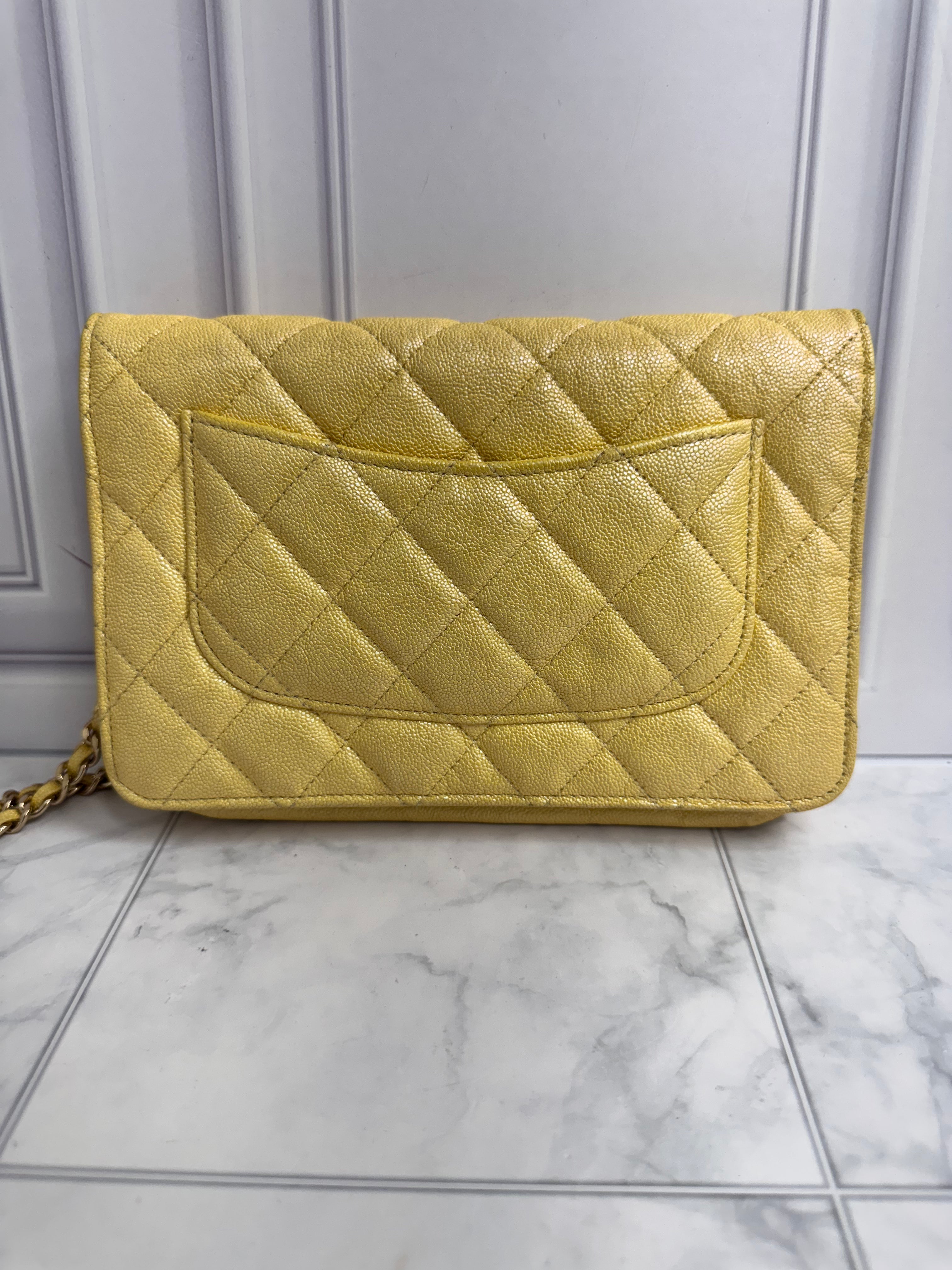 Chanel Iridescent Yellow Quilted Caviar Leather Wallet On A Chain