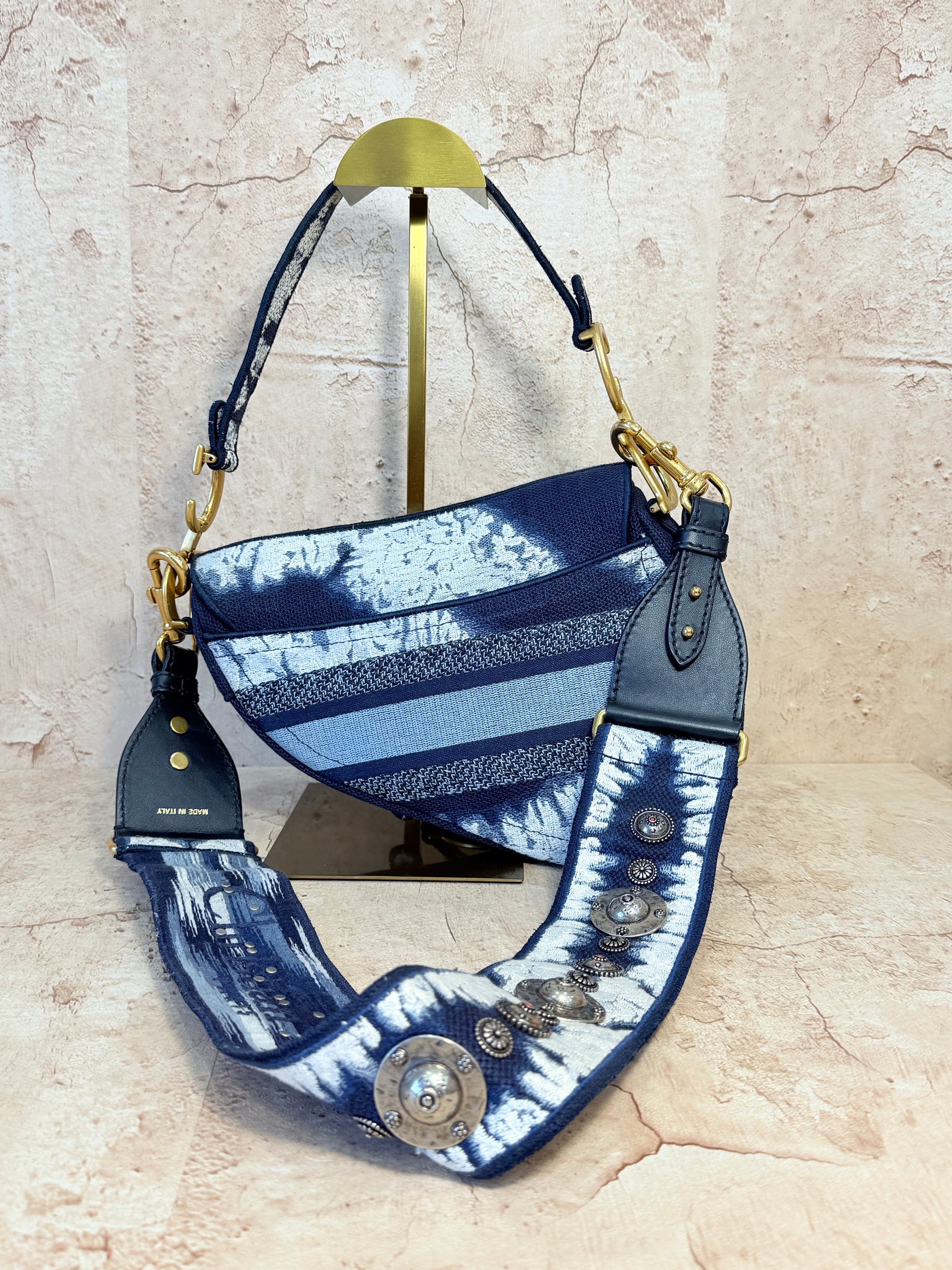 Christian Dior Tye Dye Blue Multicolor Canvas Embroidered Saddle Bag