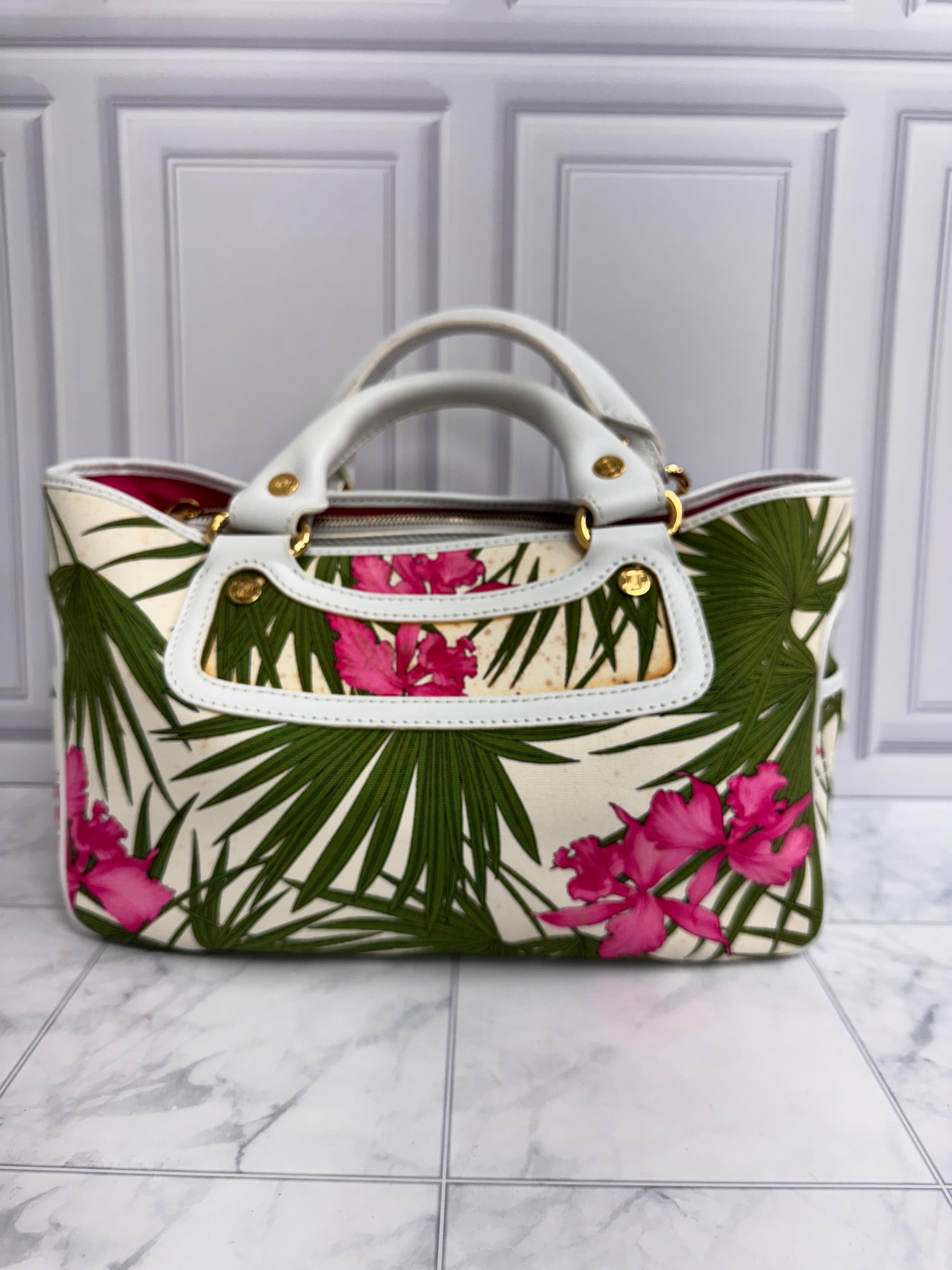 Celine White Pink And Green Canvas Boogie Flower Hand Bag