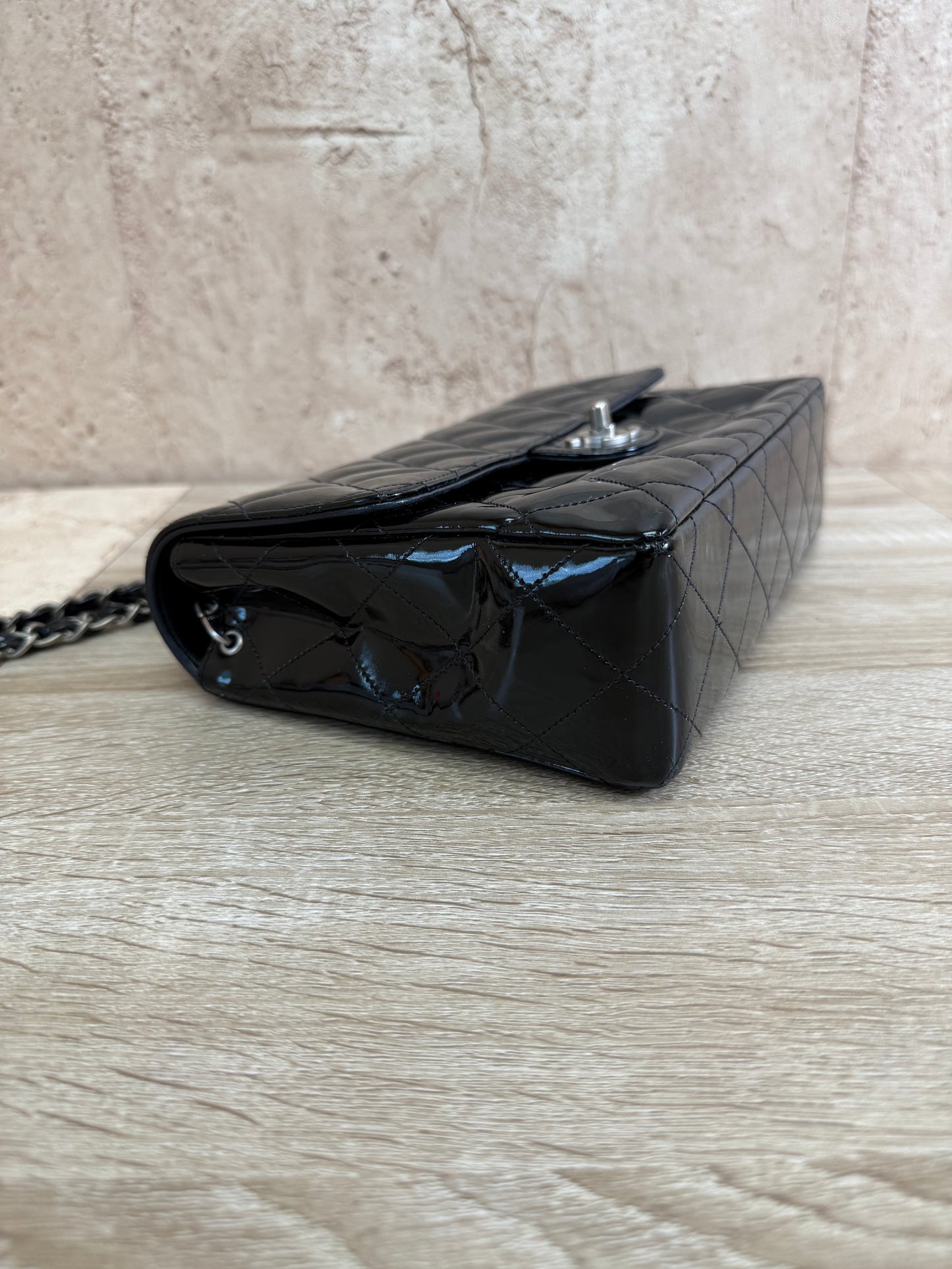 Chanel Quilted Black Patent Leather Flap Bag