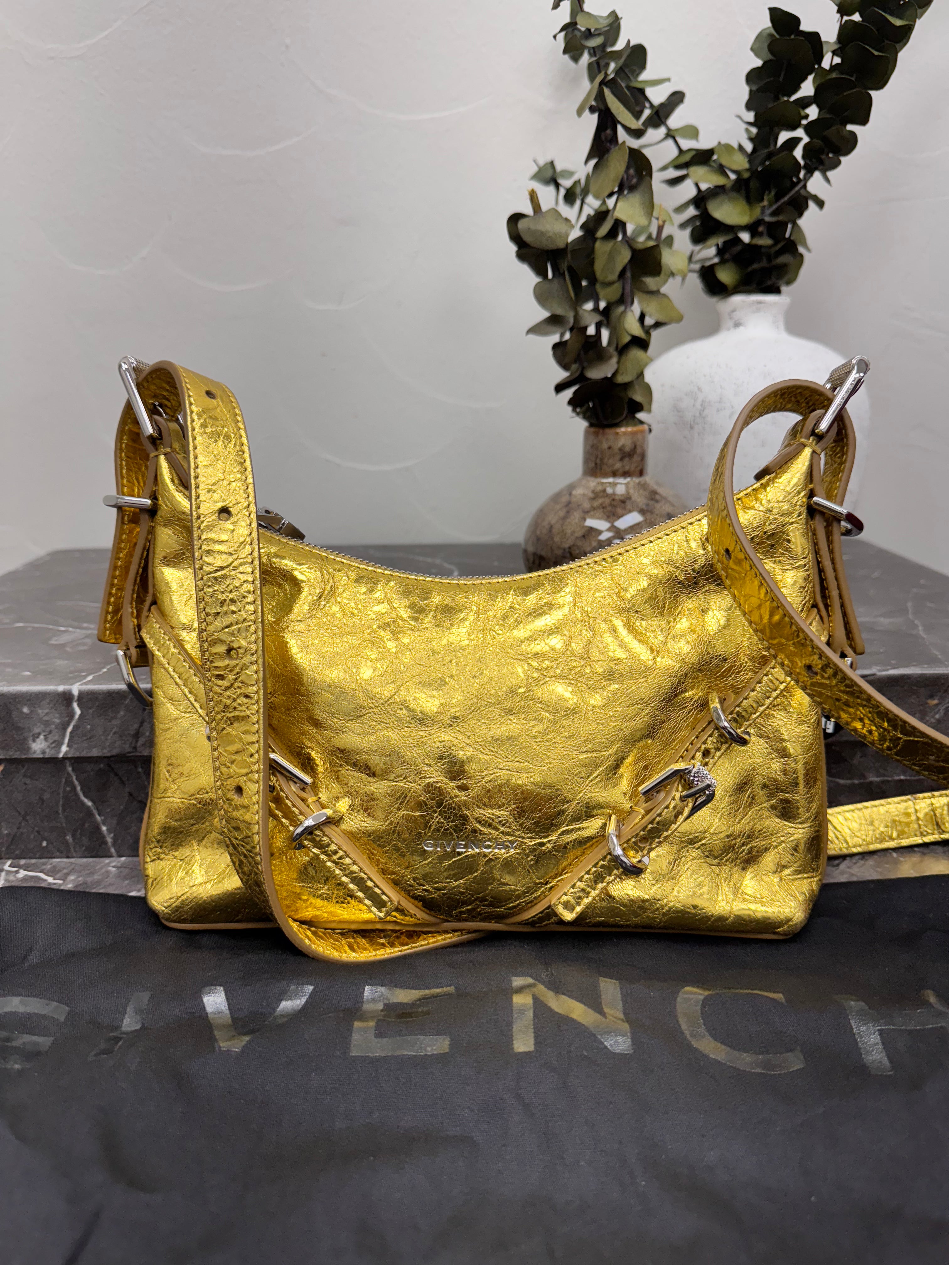 *DONS DROP* LIKE NEW - Givenchy Metallic Gold Cracked Leather Mini Voyou Shoulder Bag