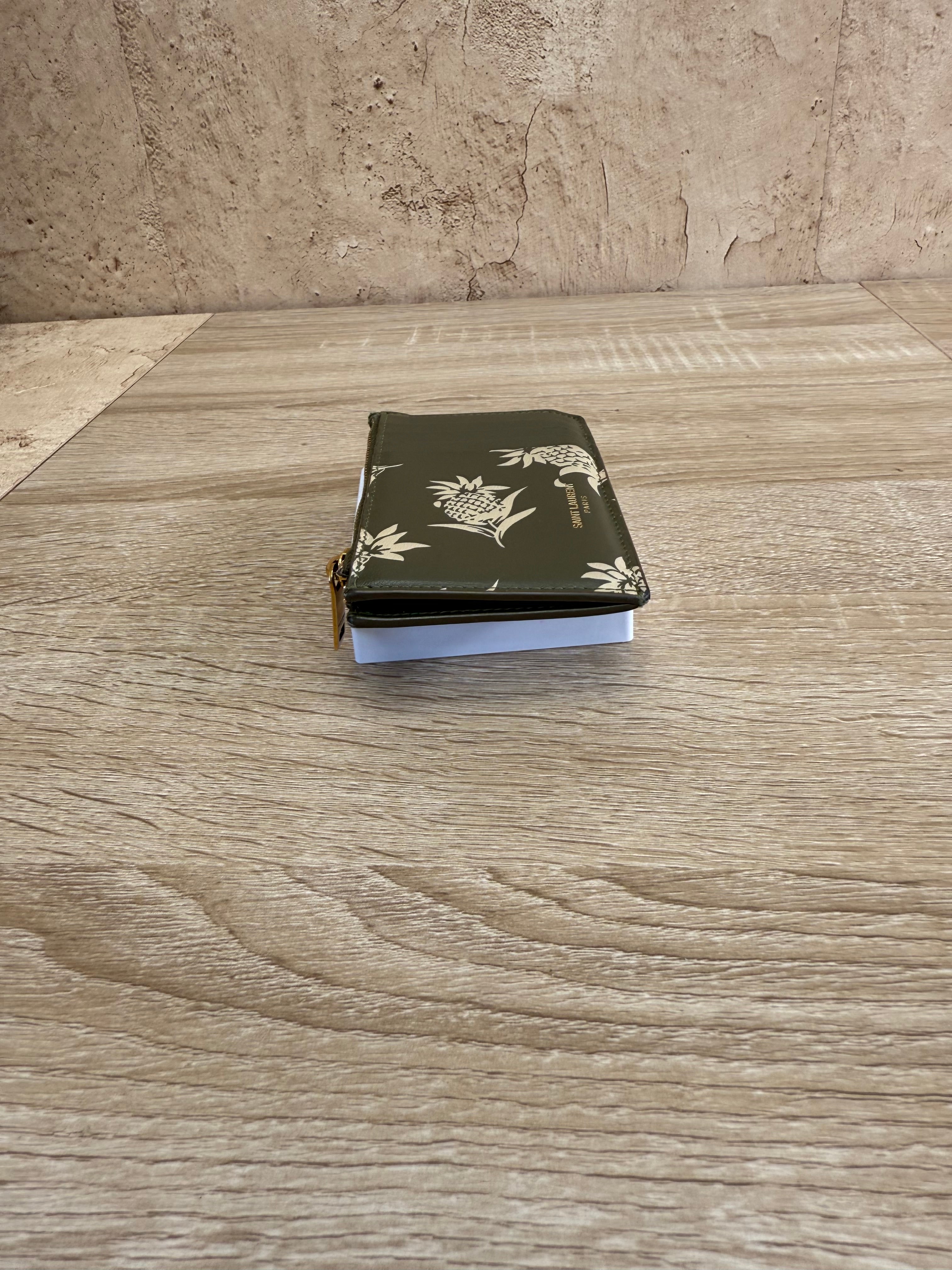 Saint Laurent YSL Green Leather Pineapple Zip Card Coin Case