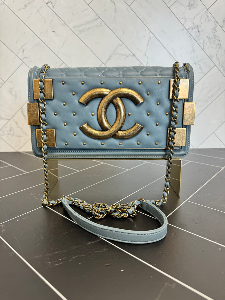 Chanel Blue Lambskin Quilted Horizontal Studded Boy Brick Flap