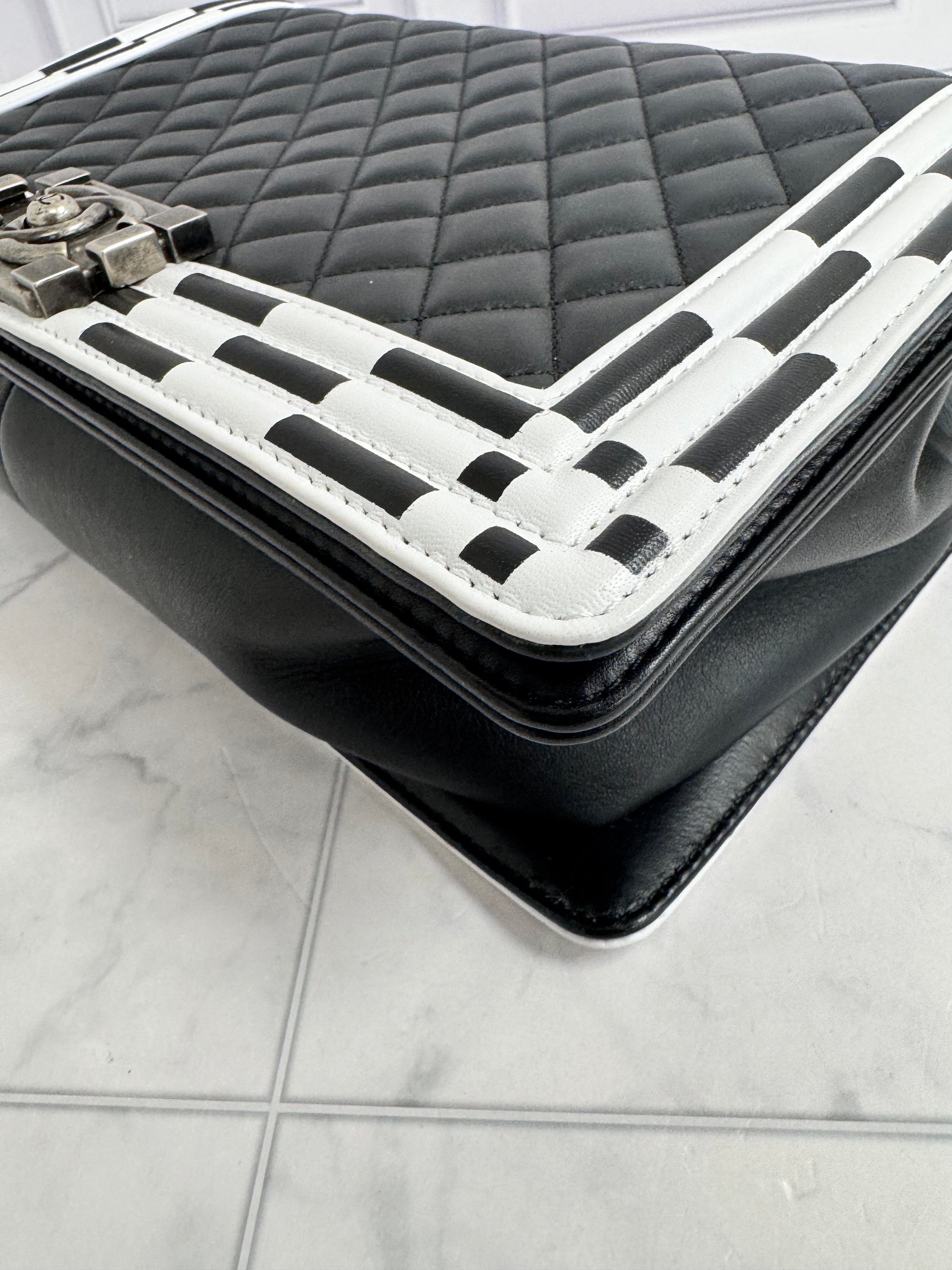 Chanel Black Diamond Quilted Leather Checkerboard Trim Medium Boy Bag
