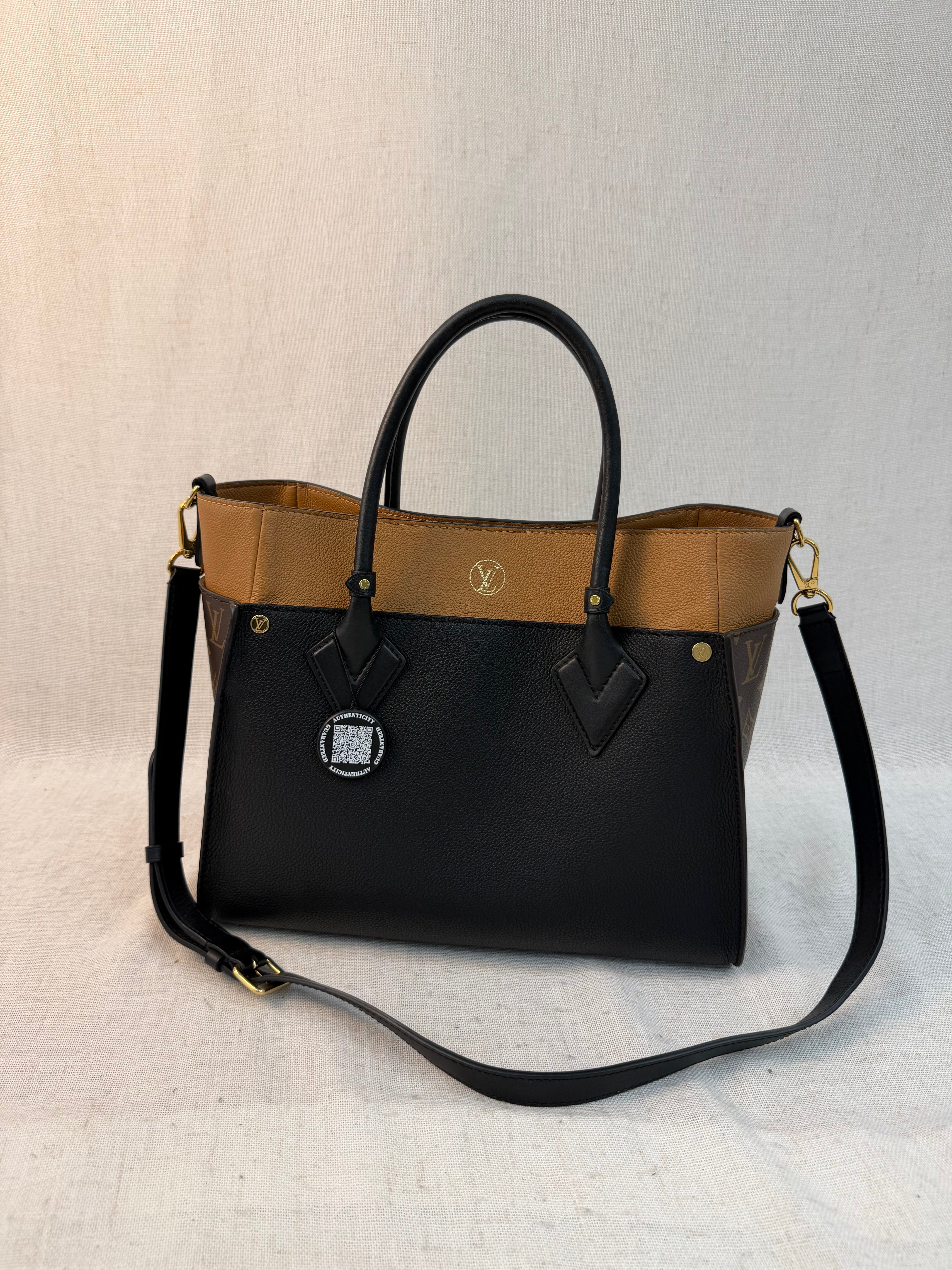 Louis Vuitton Monogram Black & Tan Leather On My Side MM Tote