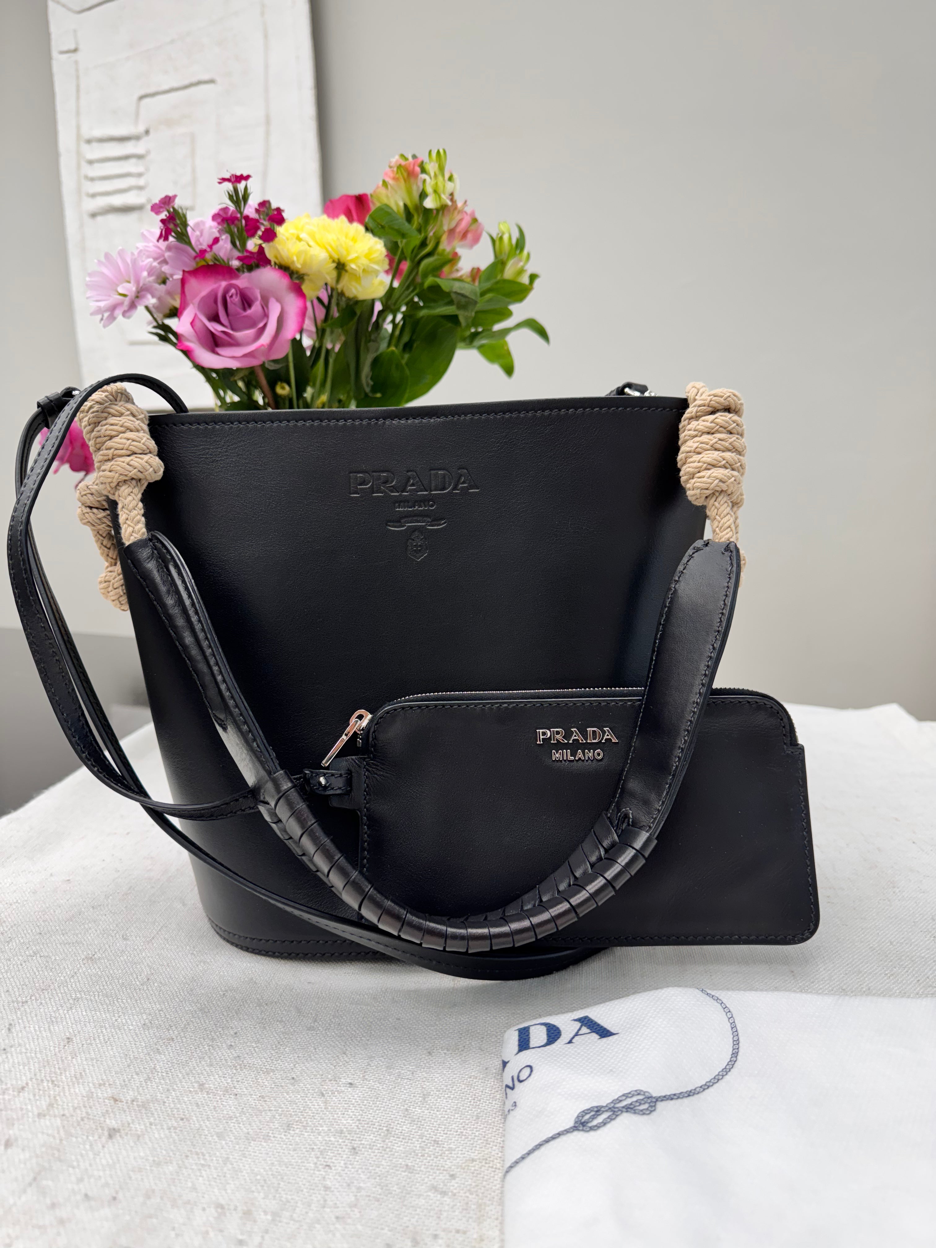 *DONS DROP* Prada Black City Calfskin Leather Tambour Bucket Bag