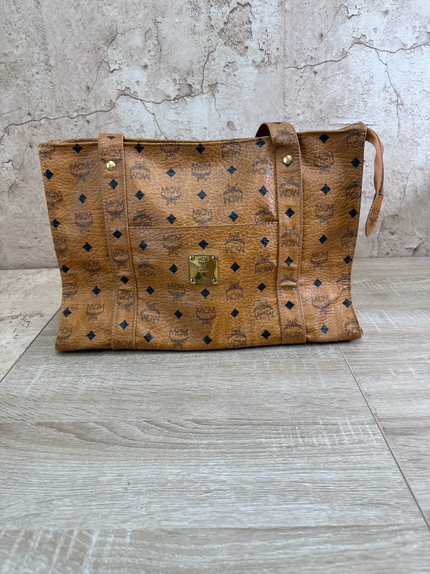 MCM Cognac Leather Visetos Shopper Tote