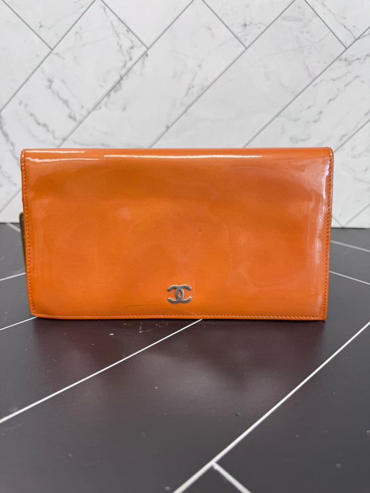 Chanel Orange Patent Leather Long Wallet
