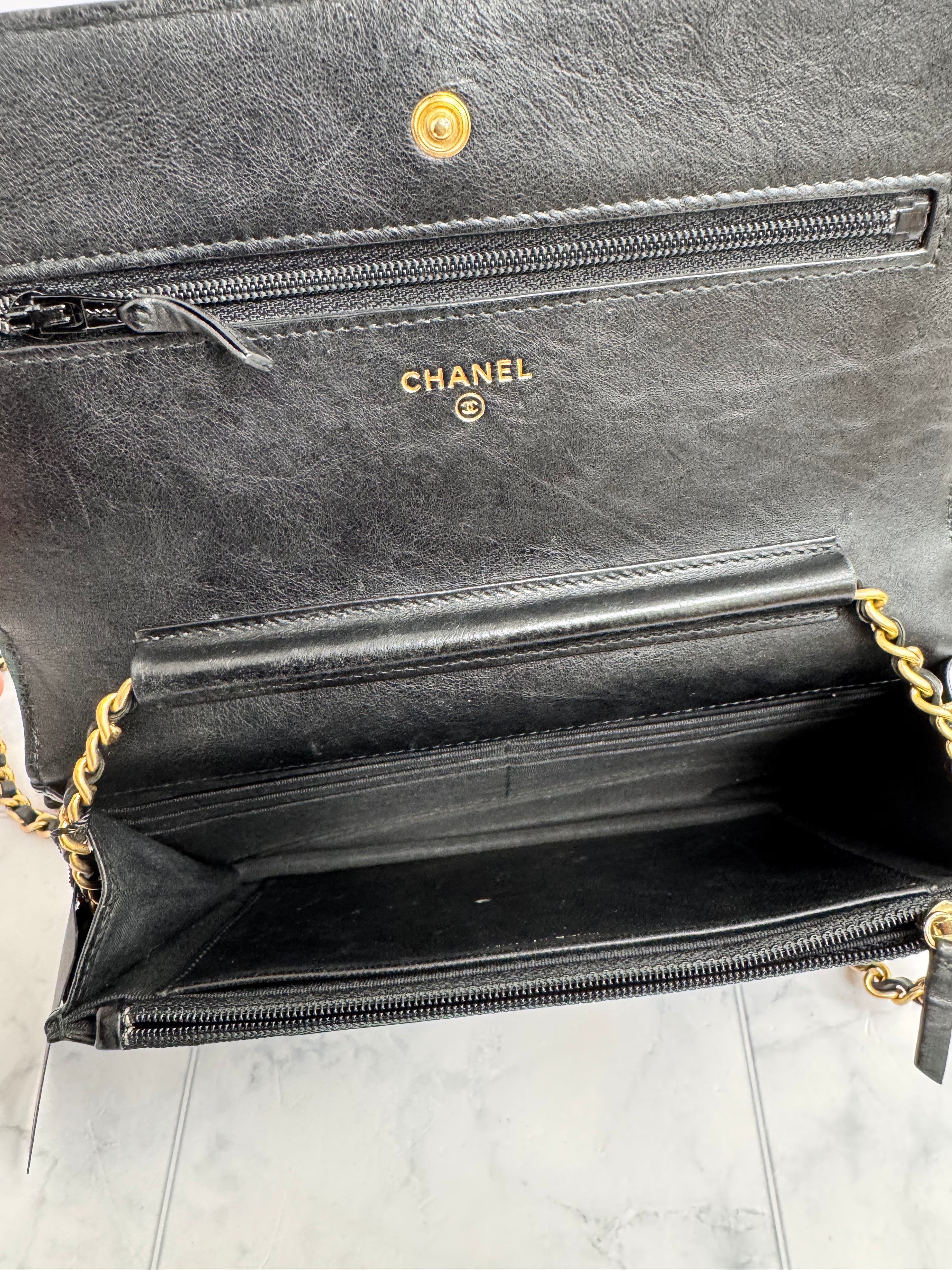 Chanel Black Chevron Quilted Wallet On A Chain