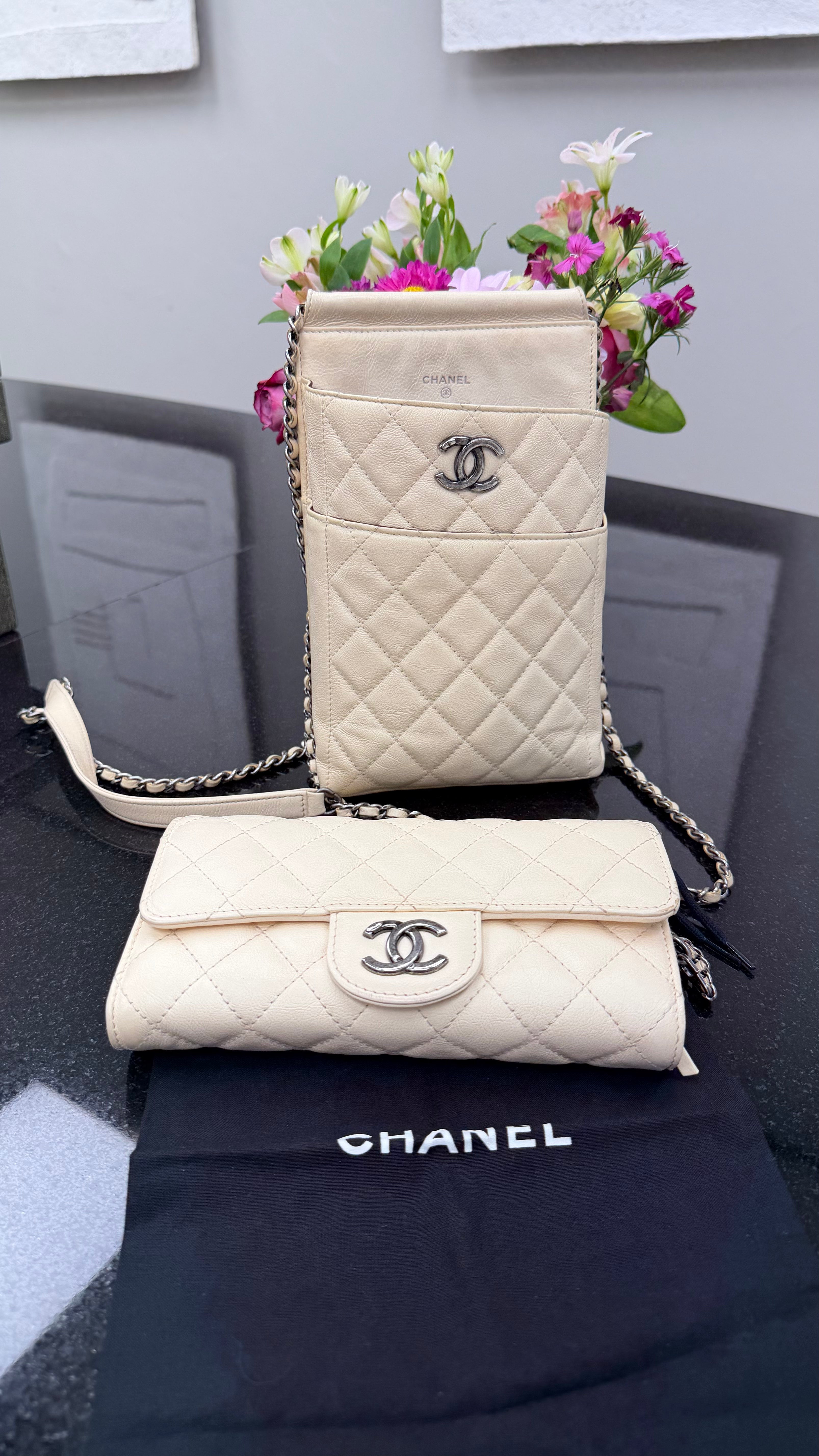 Chanel Ivory Quilted Lambskin CC Waiter Pouch & Wallet on a Chain