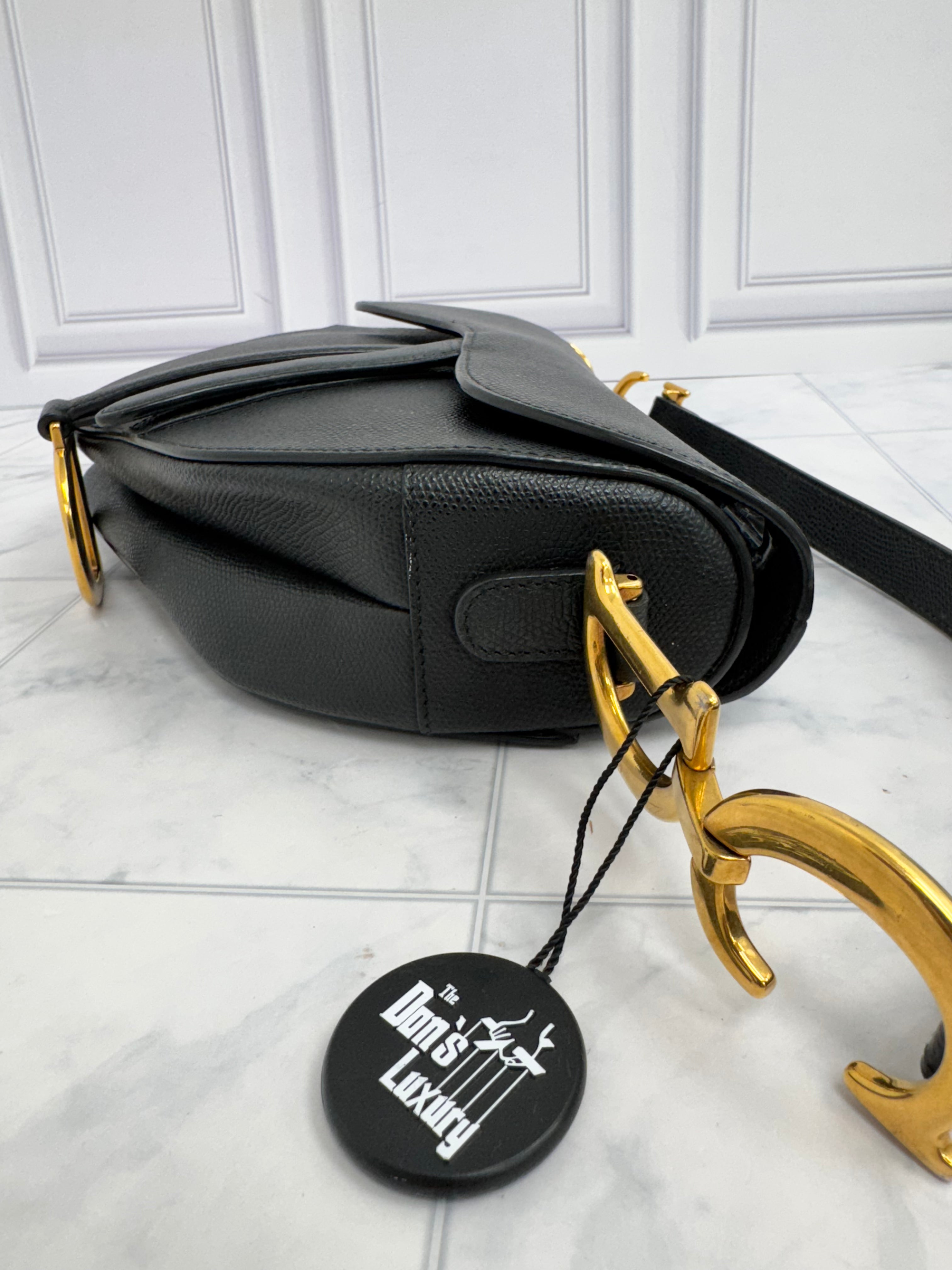 Christian Dior Black Grained Calfskin Leather Medium Saddle Bag