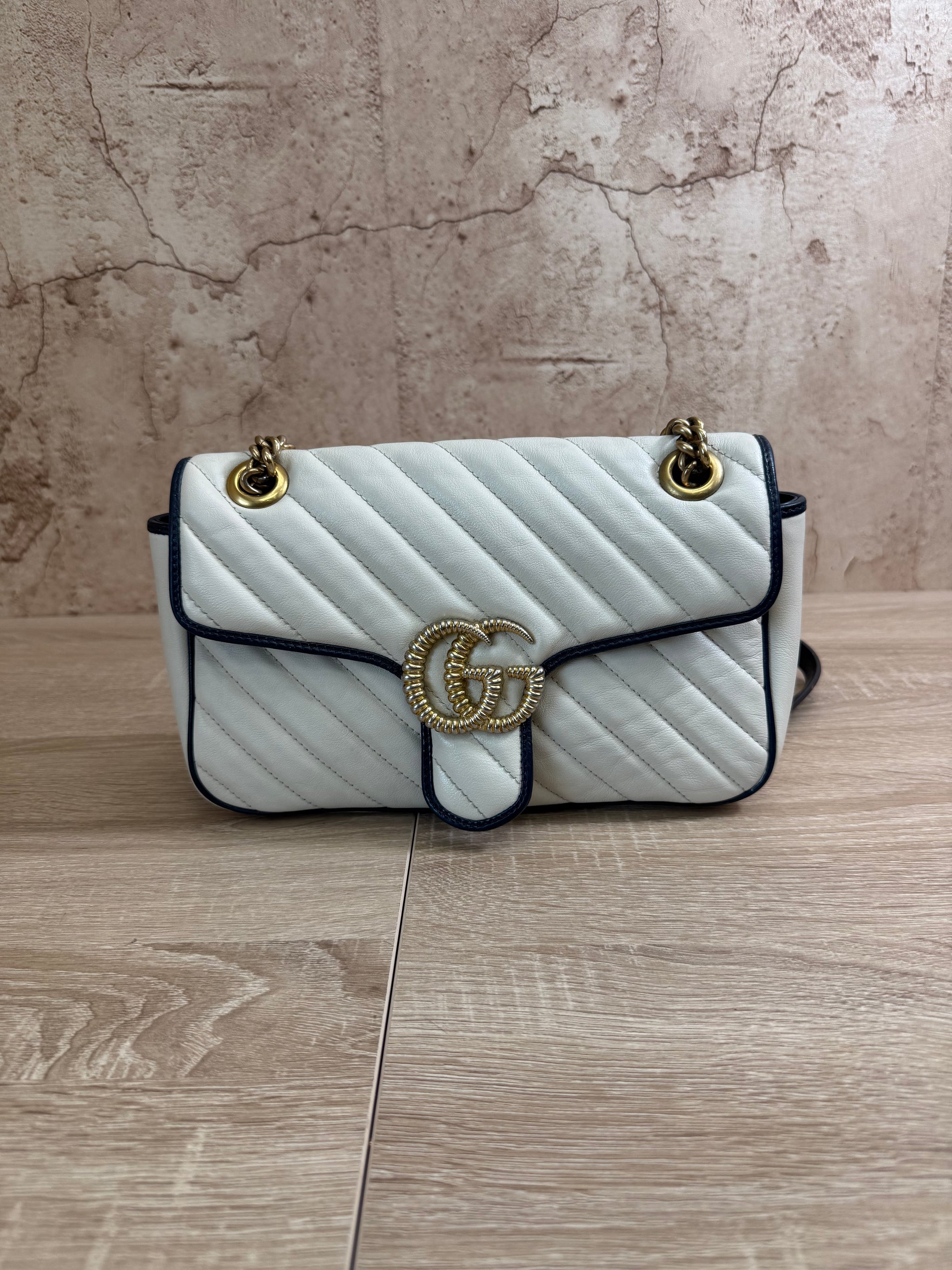 Gucci White And Navy GG Marmont Medium Flap Bag