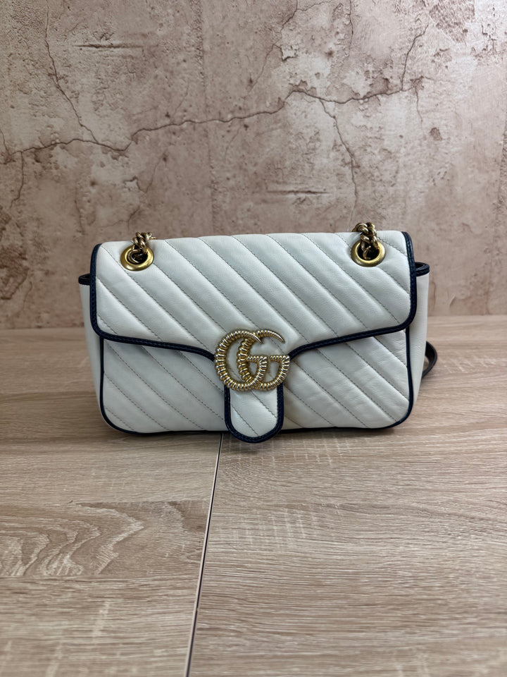 Gucci White And Navy GG Marmont Medium Flap Bag