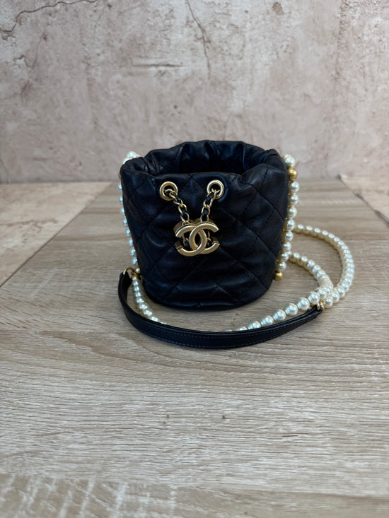 Chanel Black Leather Mini About Pearls Bucket Bag