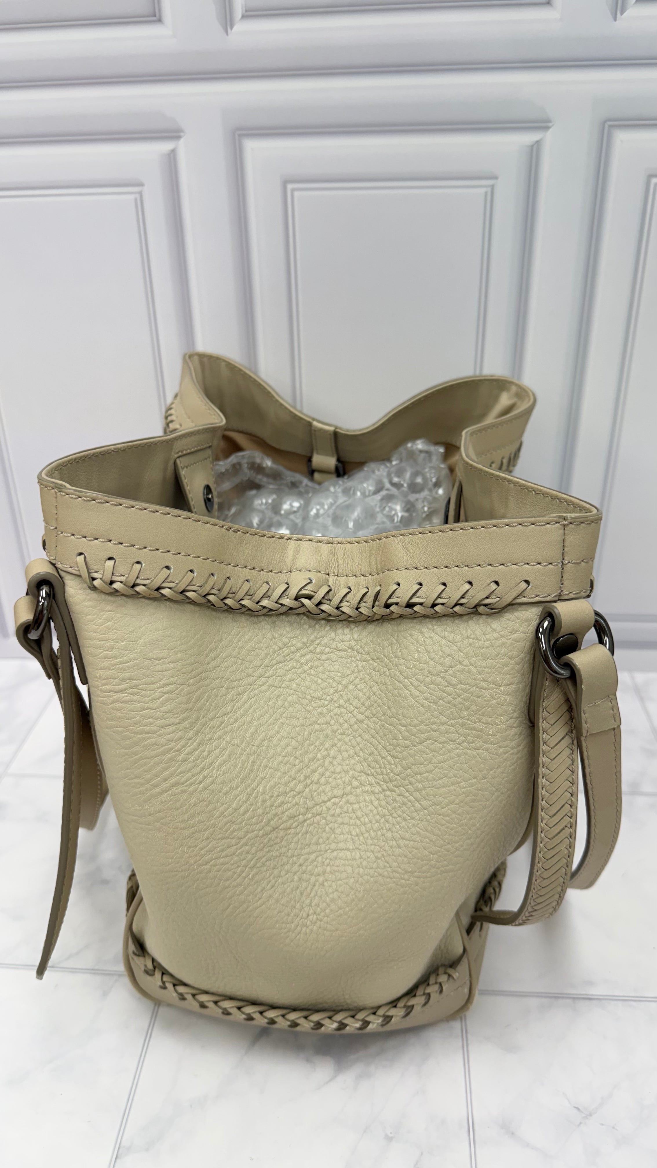 Burberry Beige Leather Woven Trim Tote Bag