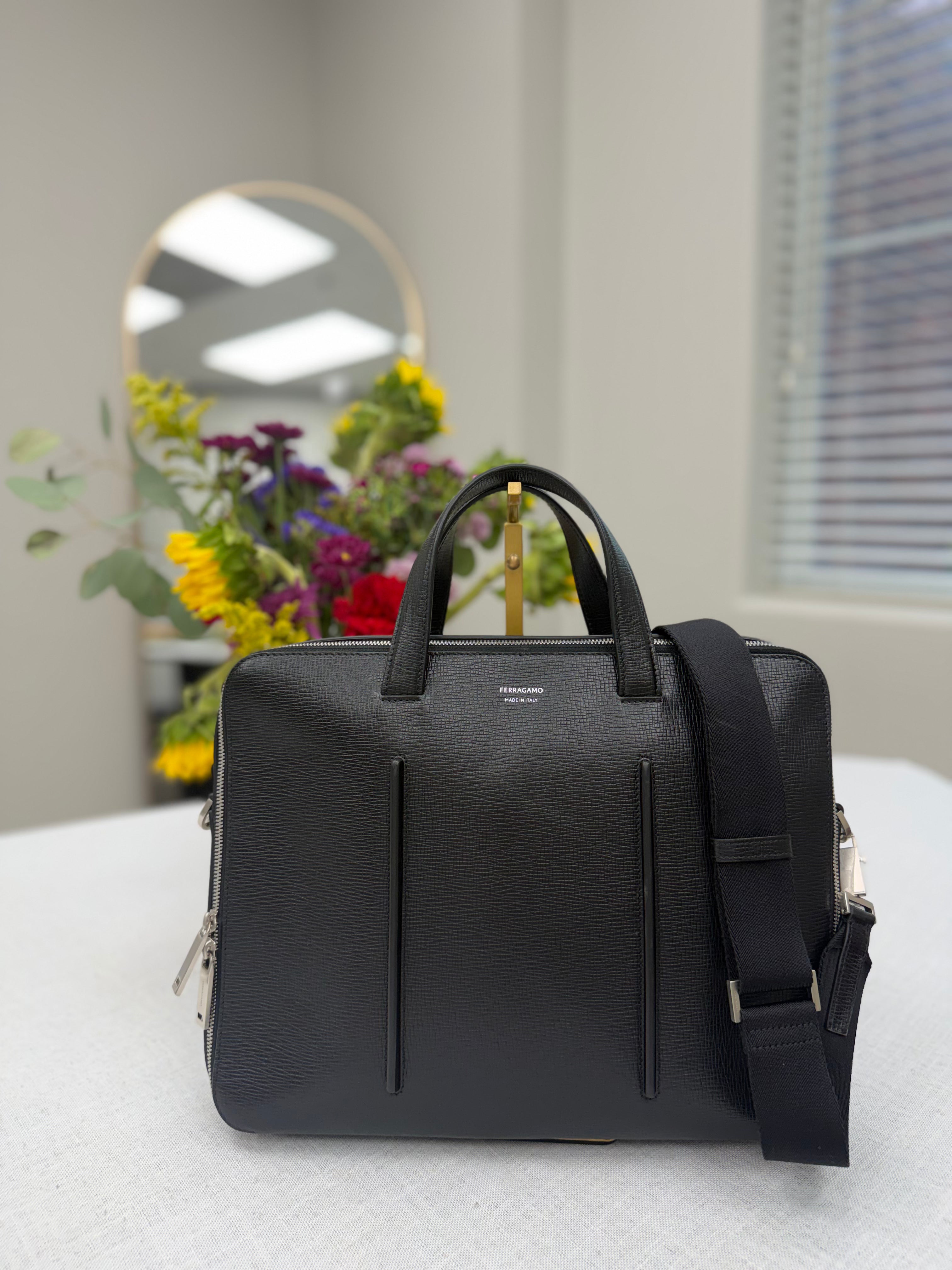 Salvatore Ferragamo Black Hammered Calfskin Briefcase
