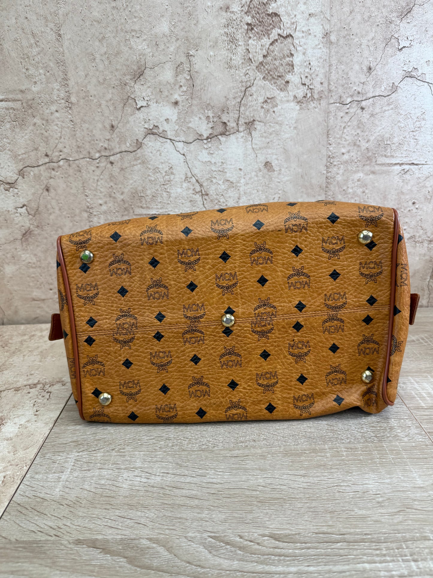 MCM Cognac Leather Visetos Boston Bag