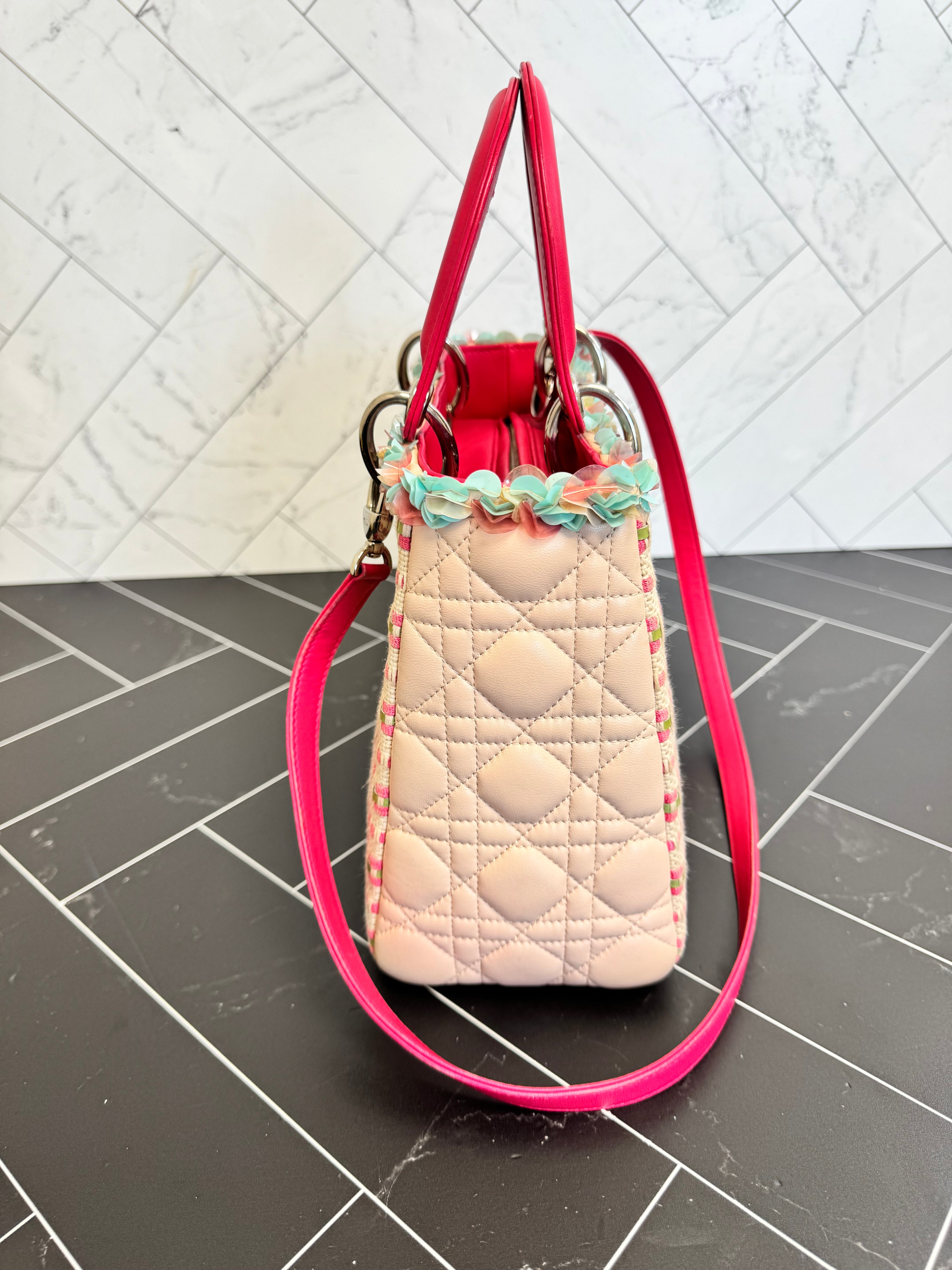 Christian Dior Pink Multicolor Woven Tweed & Cannage Leather Lady Dior