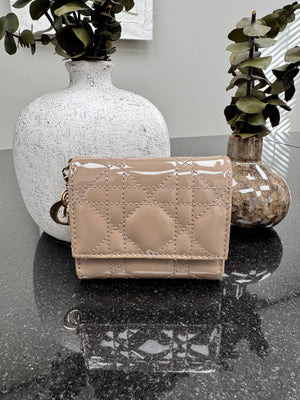 BRAND NEW - Christian Dior Beige Quilted Patent Leather Trifold Wallet