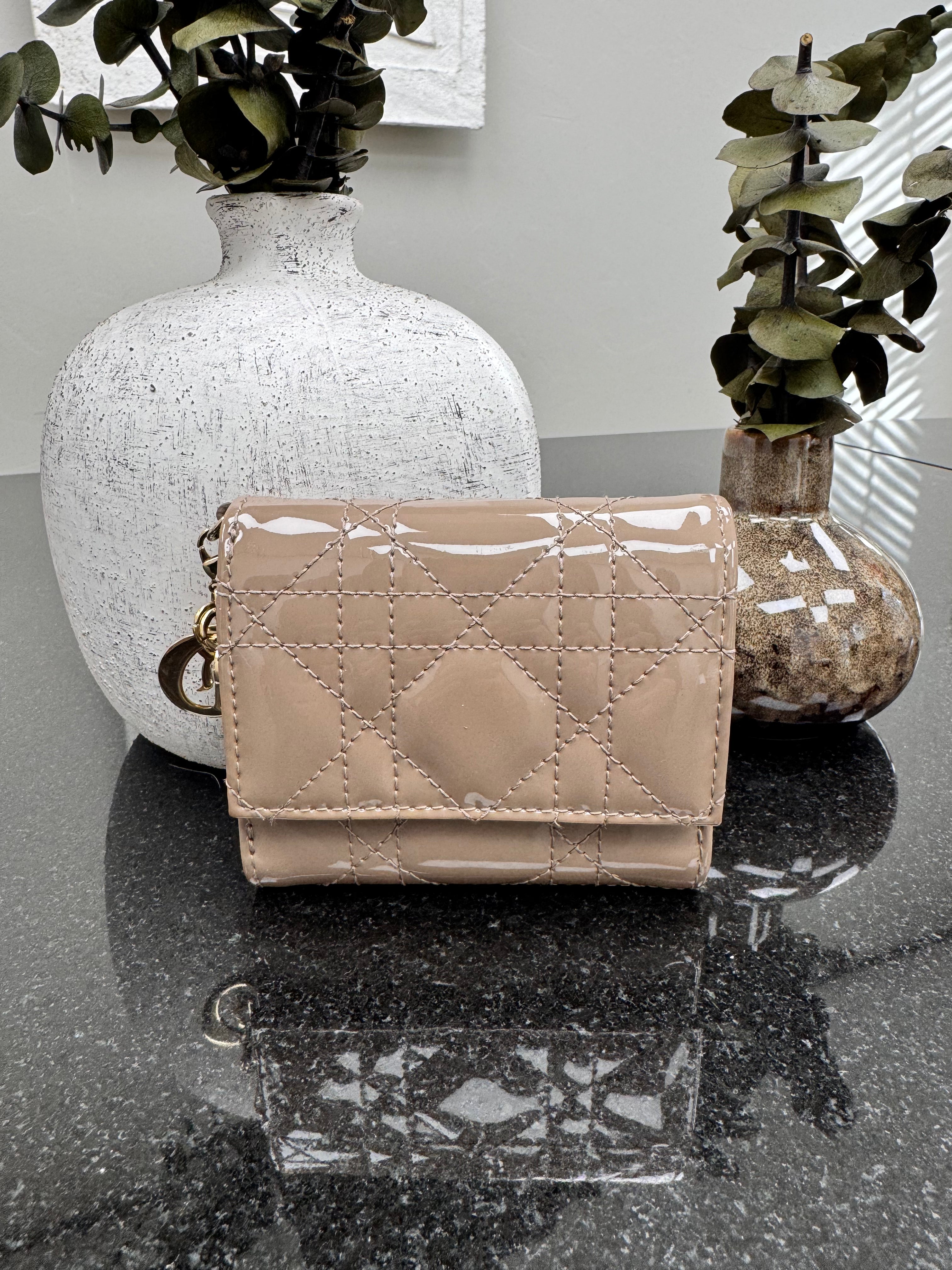 BRAND NEW - Christian Dior Beige Quilted Patent Leather Trifold Wallet