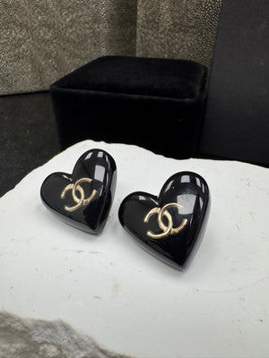 Chanel Black And Gold Resin CC Heart Earrings