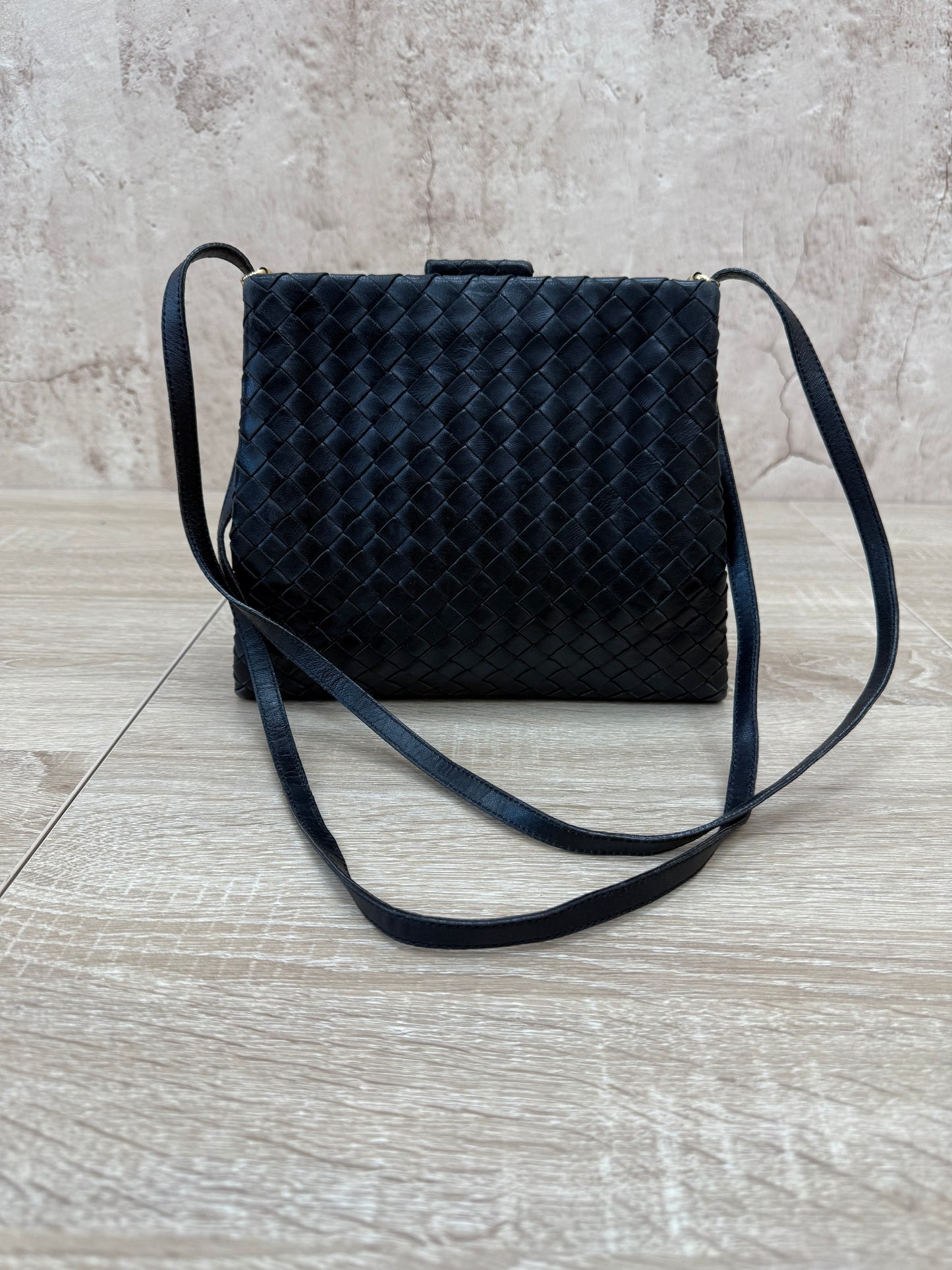 Bottega Veneta Vintage Black Intrecciato Leather Shoulder Bag