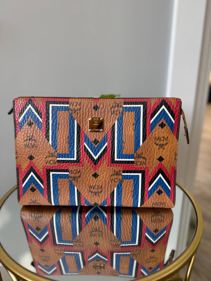 MCM Cognac Leather Visetos Gunta M Stripe Clutch Bag