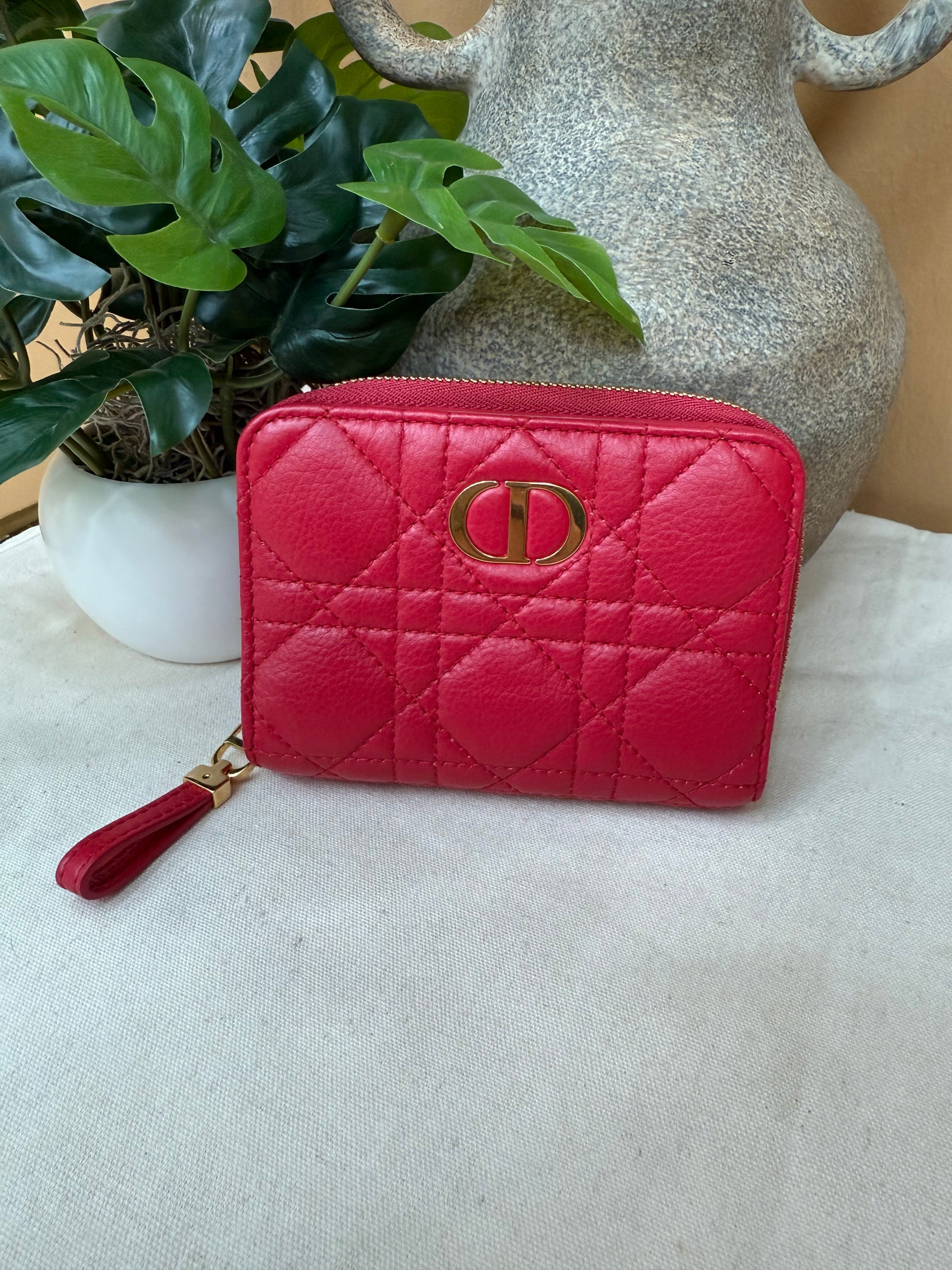 Christian Dior Red Caro Stitch Compact Zippy Wallet