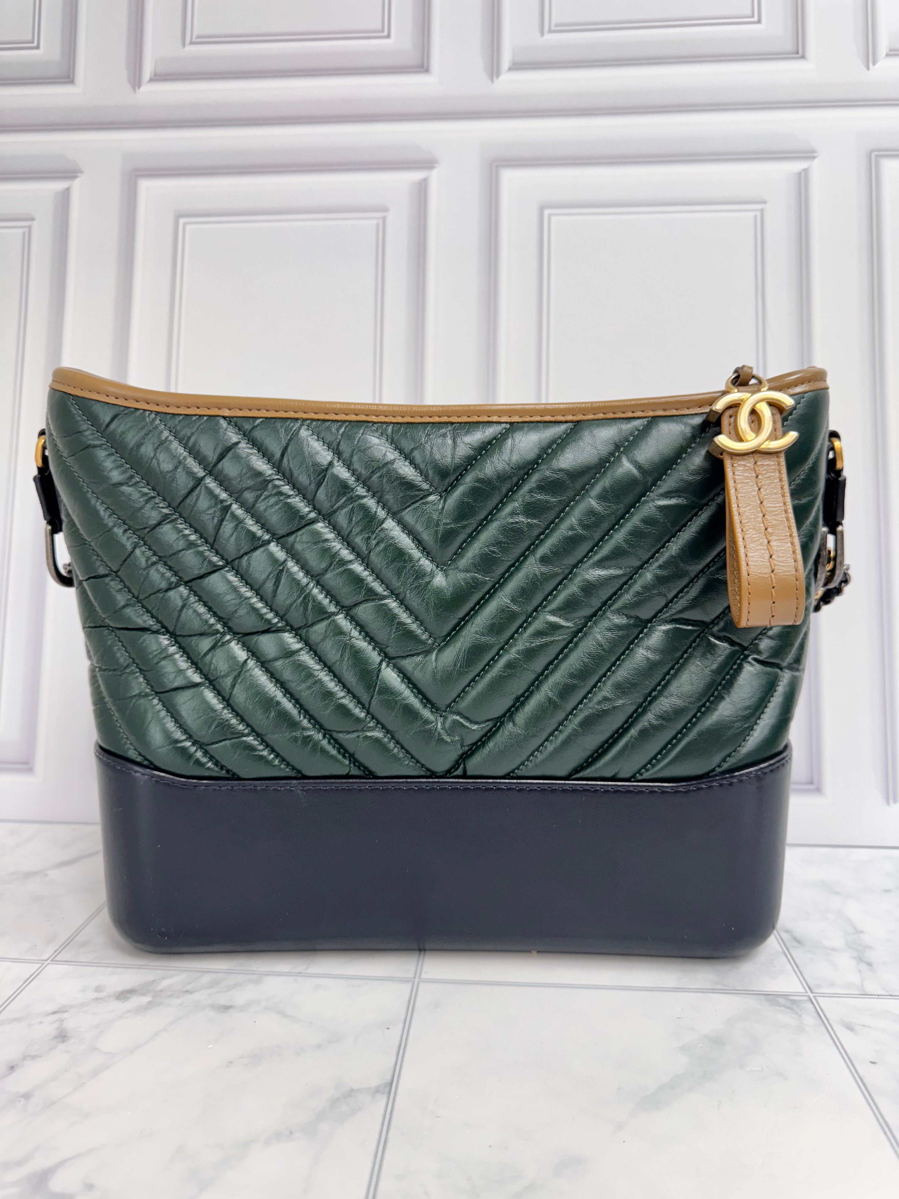Chanel Green And Blue Chevron Quilted Aged Calfskin Leather Gabrielle Medium Hobo Bag