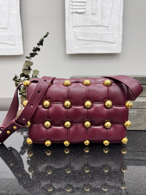 Bottega Veneta Burgundy Padded Maxi Intrecciato Leather Studded Cassette Crossbody Bag