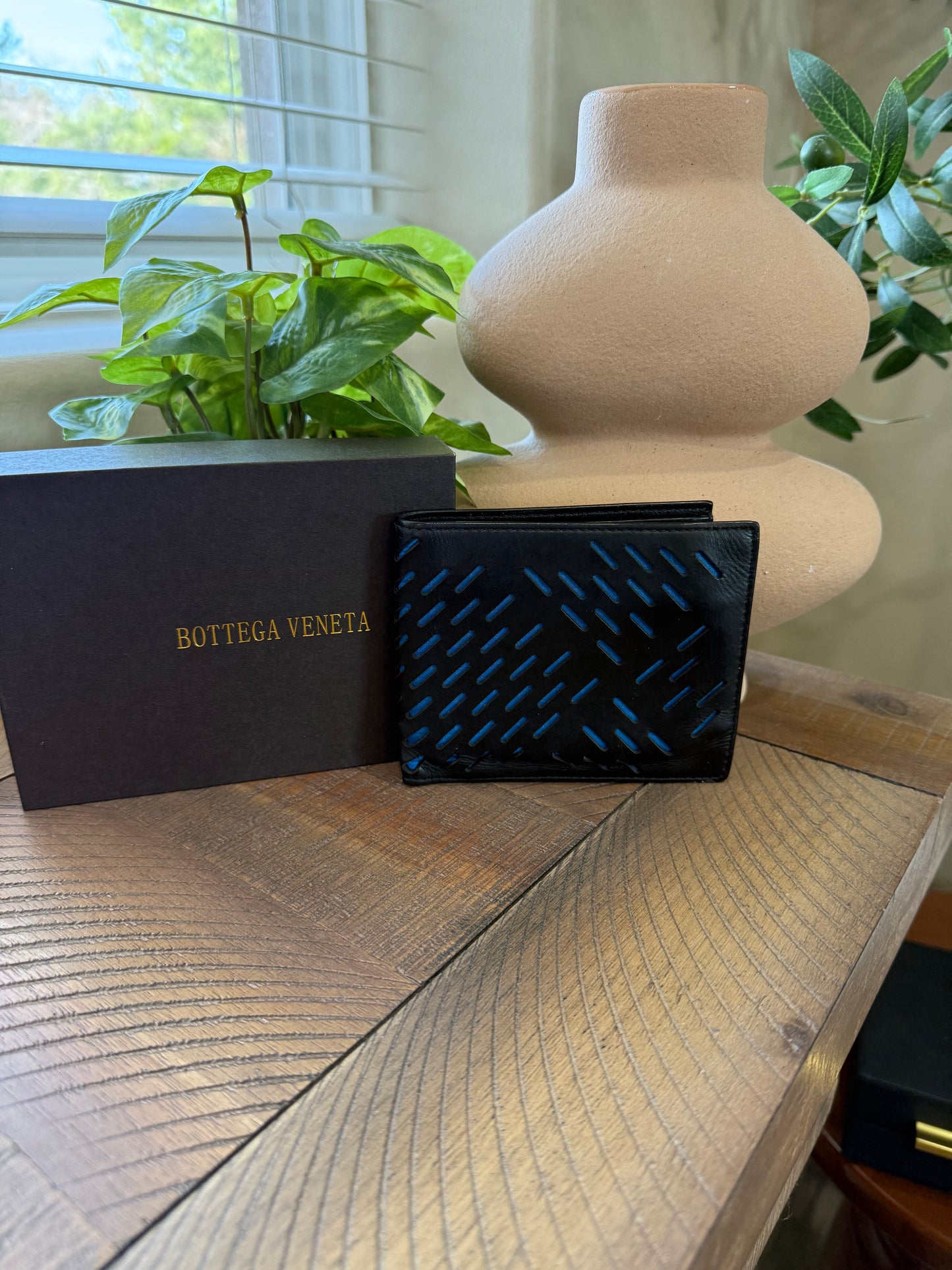 Bottega Veneta Black / Blue Perforated Bi-Fold Wallet